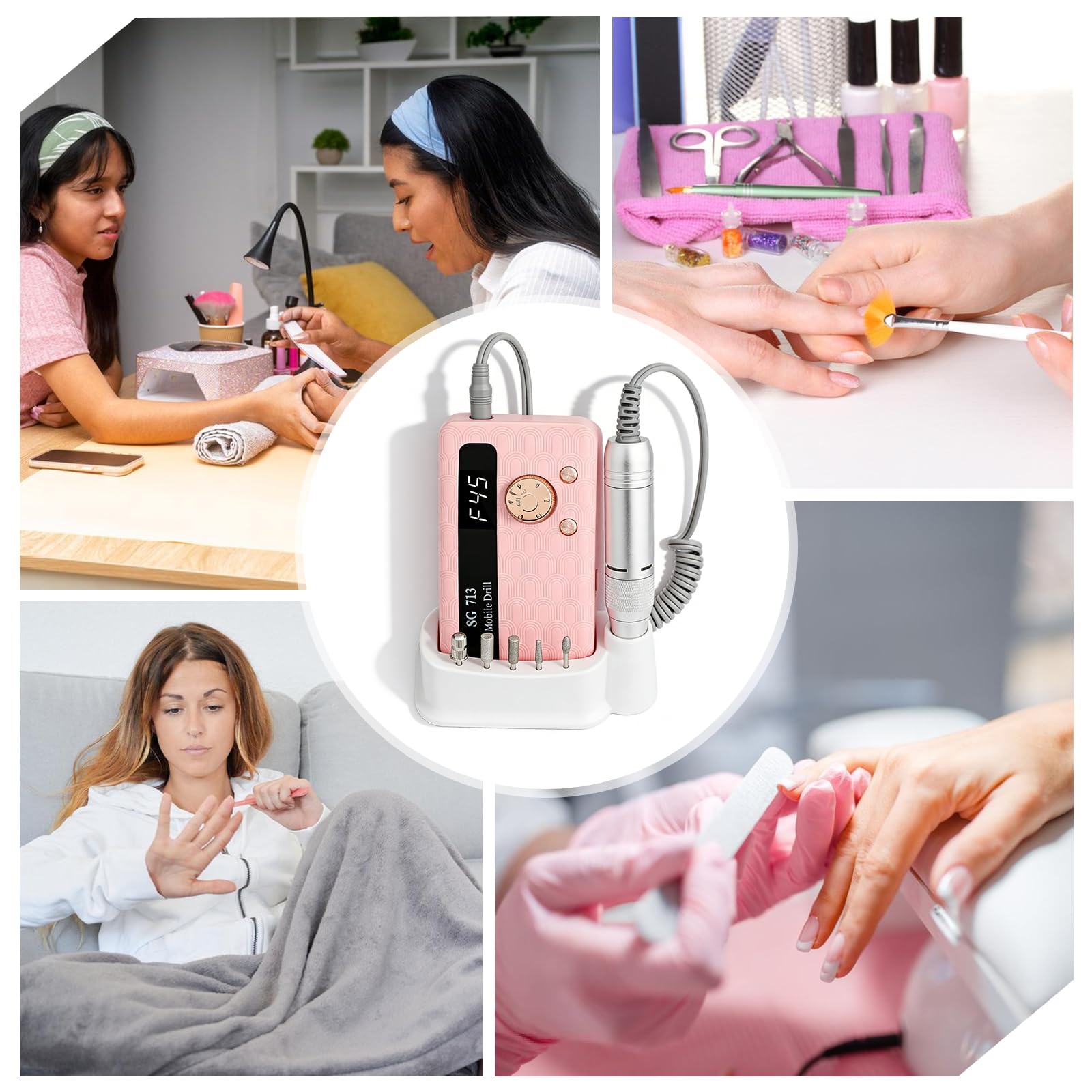Ponceuse Pour Ongles, Professionnelle Rechargeable 45000 Tr Min, Lime a Ongle Electrique Portable Pour Gel et Acrylique, Ponceuse Ongle Sans Fil Avec Ecran Lcd, pour Salon Ou Maison, Couleur Rose
