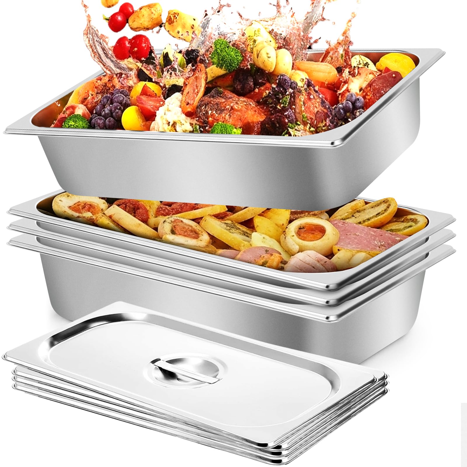 4 Pack Steam Table Hotel Pans, 1/1 Full Size 4 Inch Deep Stainless Steel Metal Tray Sets, Food Storage Container for Restaurant Chafing Dishes Commercial Buffet Warmer Catering Storage
