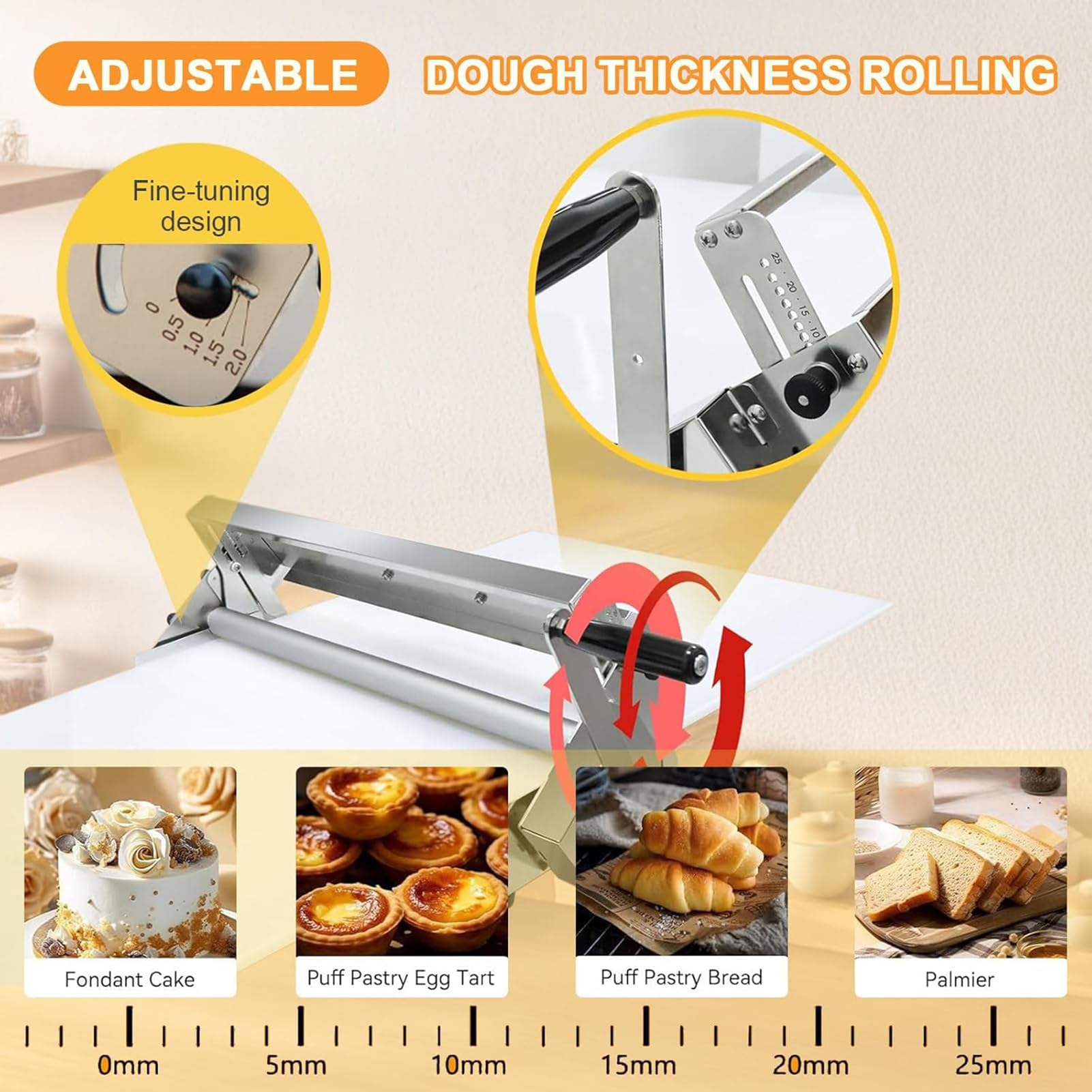 Croissant-Teigausrollmaschine, Professionelle Faltbare Teigausrollmaschine Für 0-25 Mm Teigstärke, Manueller Teigwalzer Für Pizzateig, Blätterteig, Nudelteig & Croissants