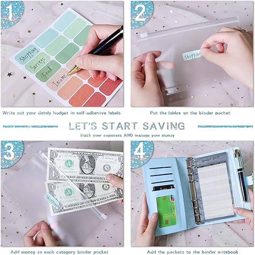 Miniatura 9 de Carpeta de presupuesto A6 con 12 sobres con cremallera para presupuestos, organizador de dinero para rellenar dinero en efectivo, carpeta de