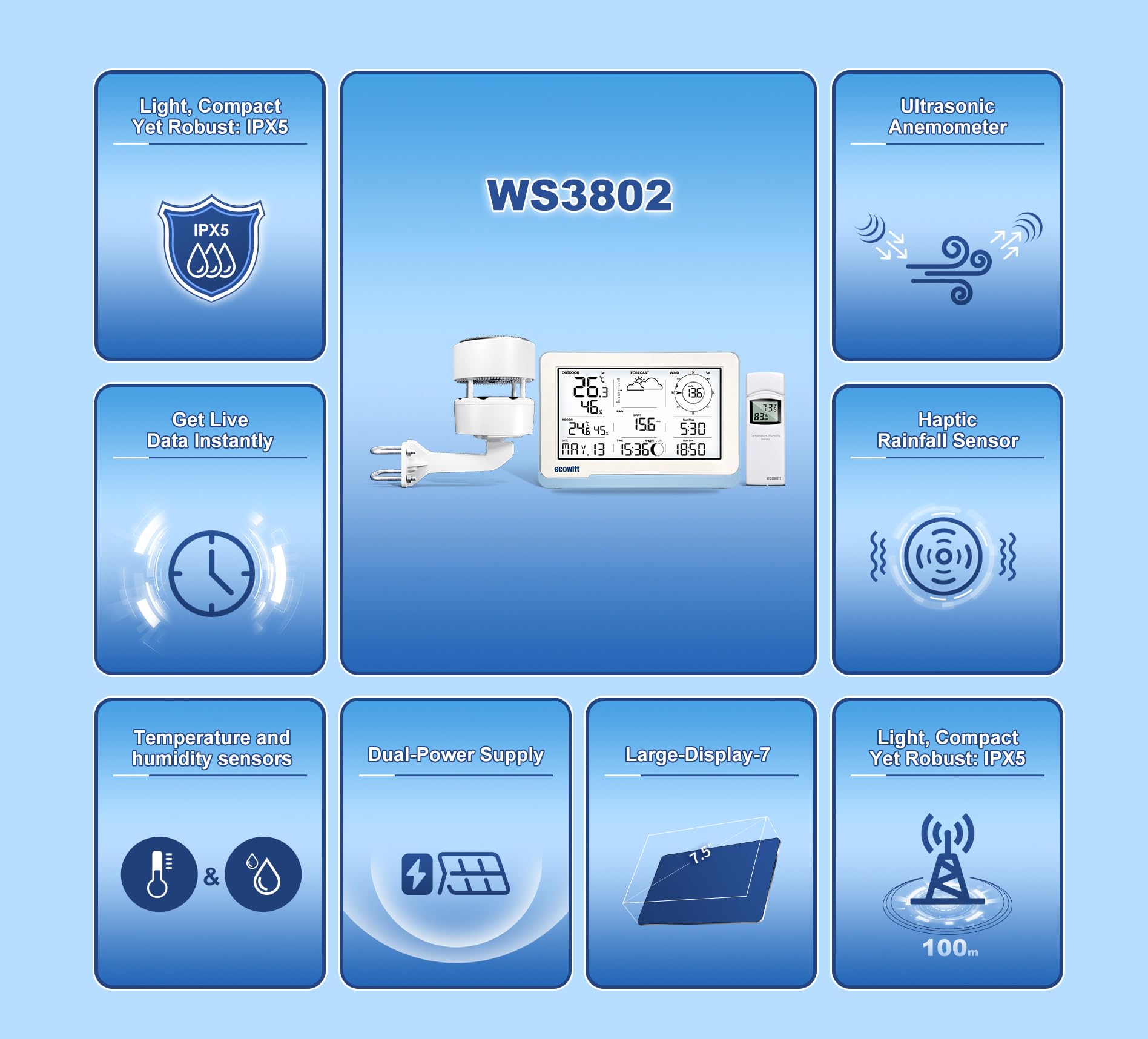 ECOWITT WIFI stazione meteo WS3802 con display LCD da 7,5 pollici per uso domestico, 3 in 1 Sensore meteo senza fili WS85 con pannello solare + un sensore di temperatura-umidità per esterni WN32