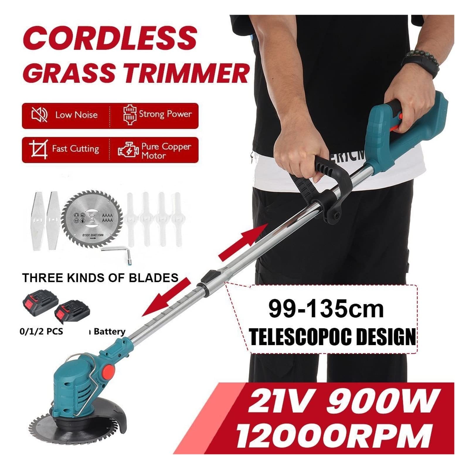 Recortadora de césped eléctrica 21V 900W Cortacésped inalámbrico Longitud Ajustable Cortador Herramientas de jardín for el hogar(B No Battery)