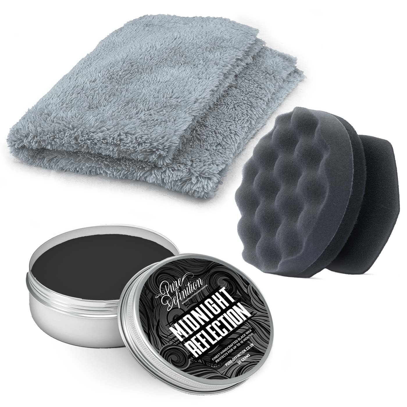 Black Car Wax Kit, Nano Technology Coating With Polymers, For Dark Paintwork Colours, Midnight Reflection Set - Pure Definition (50g + Hand Pad + Cloth)