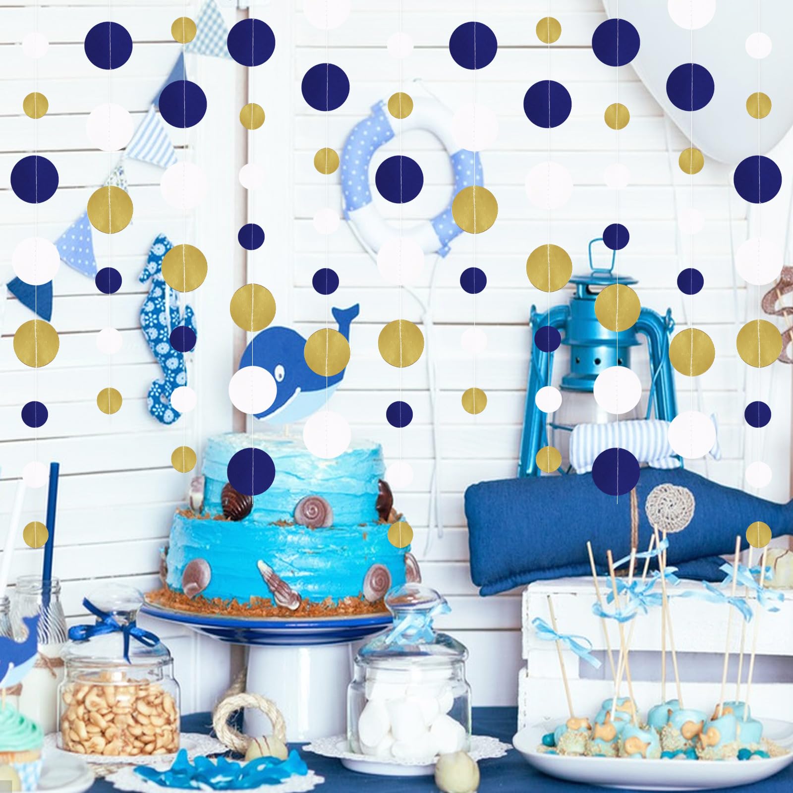 15,8 m, marineblau, weißgold, Party-Dekorationen, Kreise, Punkte, Girlande, Königsblau, Weiß, Gold, Punkte, Luftschlangen für Abschlussfeier, Geburtstag, Hochzeit, Brautparty, Babyparty,
