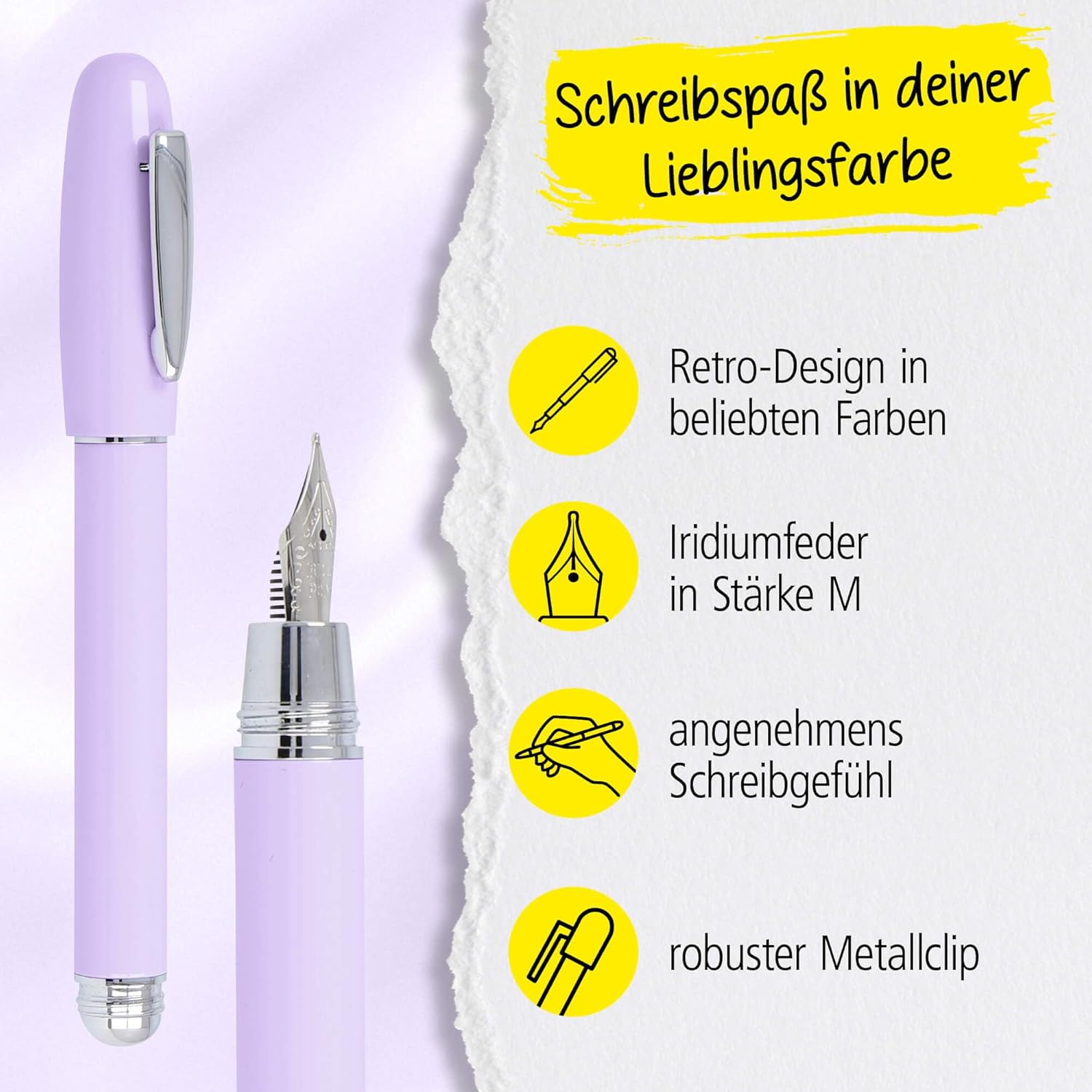 ONLINE Highway Lavender Fountain Pen in Pastel Lilac with Iridium Nib M I For Standard Ink Cartridges & Converters I Ergonomic Fountain Pen for Children and Adults