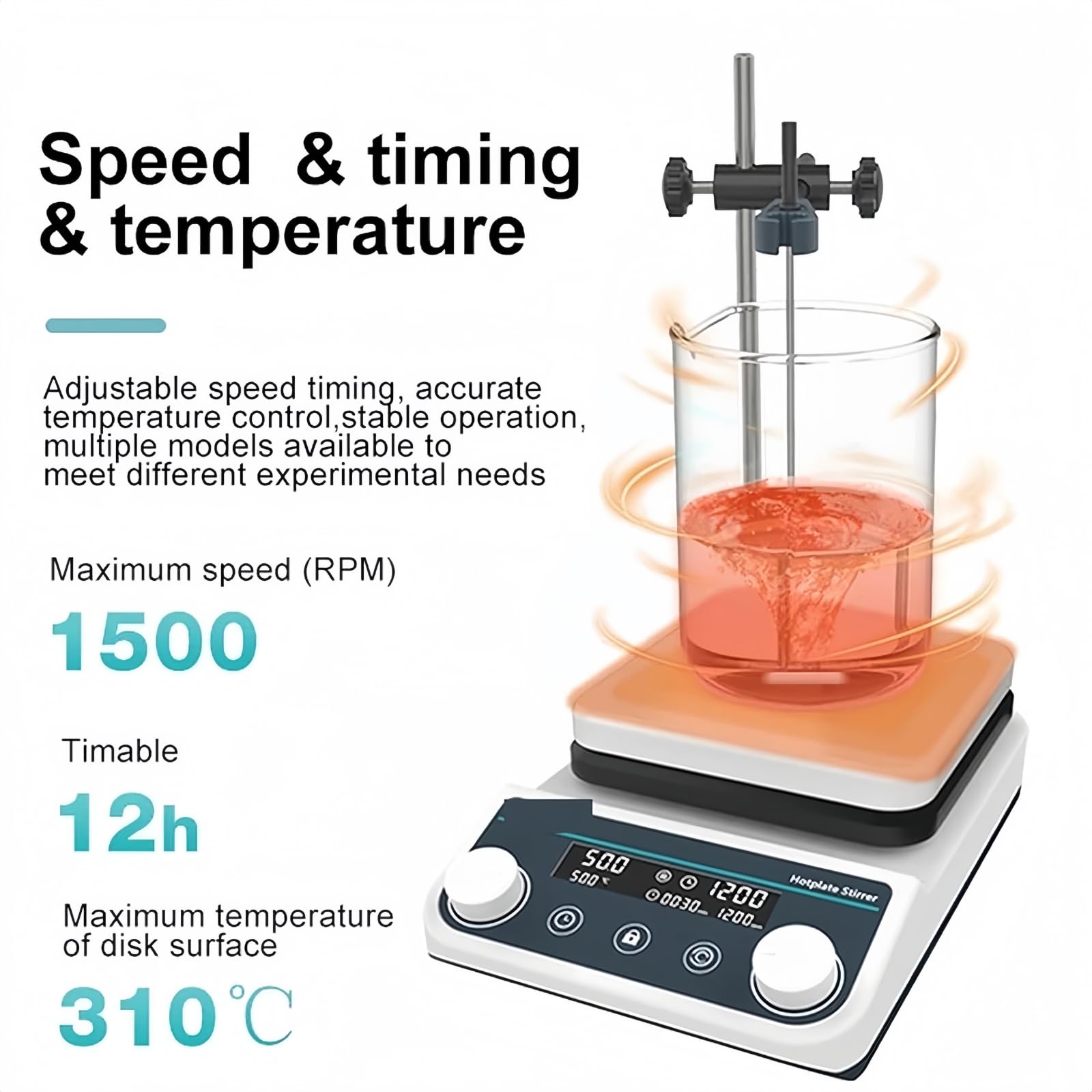 Agitador magnético, Mezclador magnético con Pantalla Digital y calefacción, Placa calefactora termostática, Capacidad de 5 litros, 1500 RPM, Placa calefactora de Laboratorio.