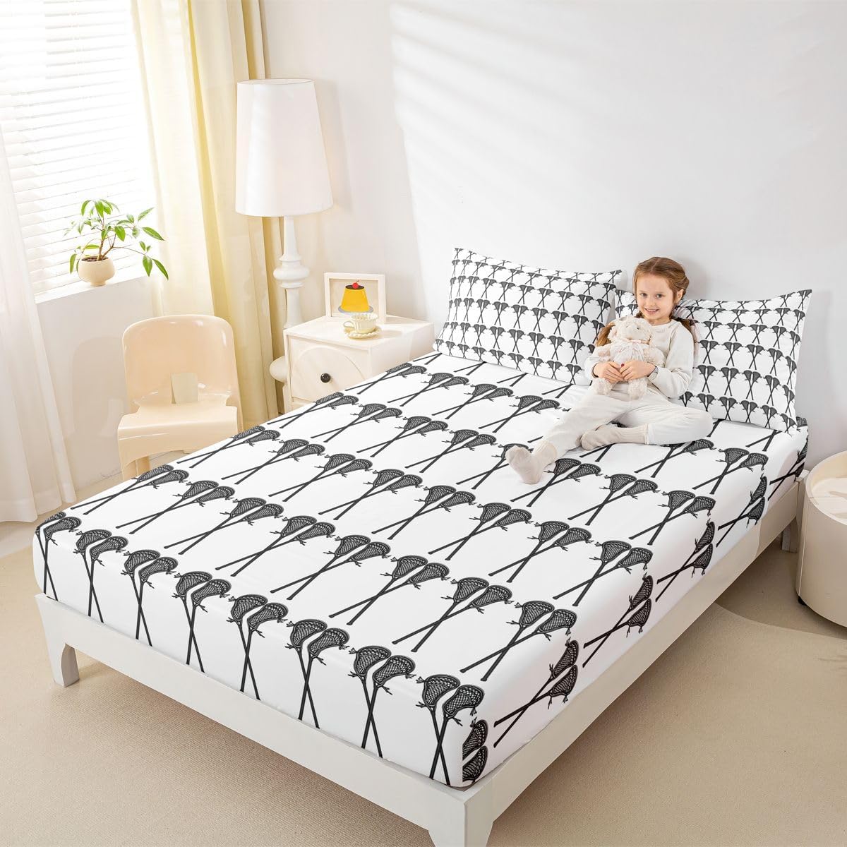 Erosebridal Lacrosse Sticks Bed Sheets Twin,Grey White Lacrosse Fitted Sheet for Kids Boys Girls,Sports Game Bedding Set Luxury Soft,Lacrosse Player Bed Cover + 1 Pillowcase,no Top Sheet