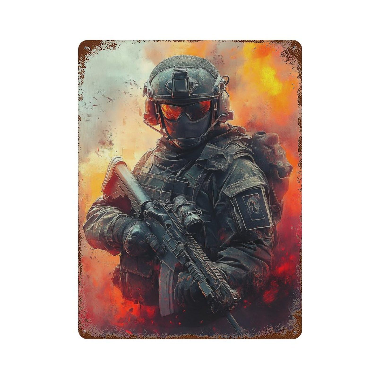 Combat Soldier with Rifle Retro Metal Sign 15.7"x11.8", Old School Wall Decor for Garage, Pub Or Kitchen