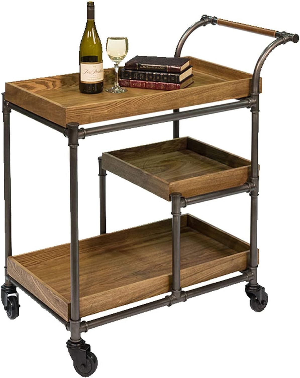 Industrial Small Bar Cart Wood Metal Kitchen Cart on Wheels for Small