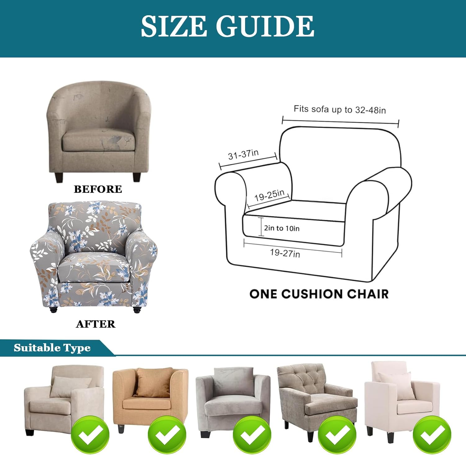 FUANGUI 2 Piece Chair Covers Stretch Arm Covers Chair Couch Covers, Armchair Slipcover with Separate Chair Cushion Cover, Floral Washable Chair Protector for Living Room (Armchair, Grey Flower)