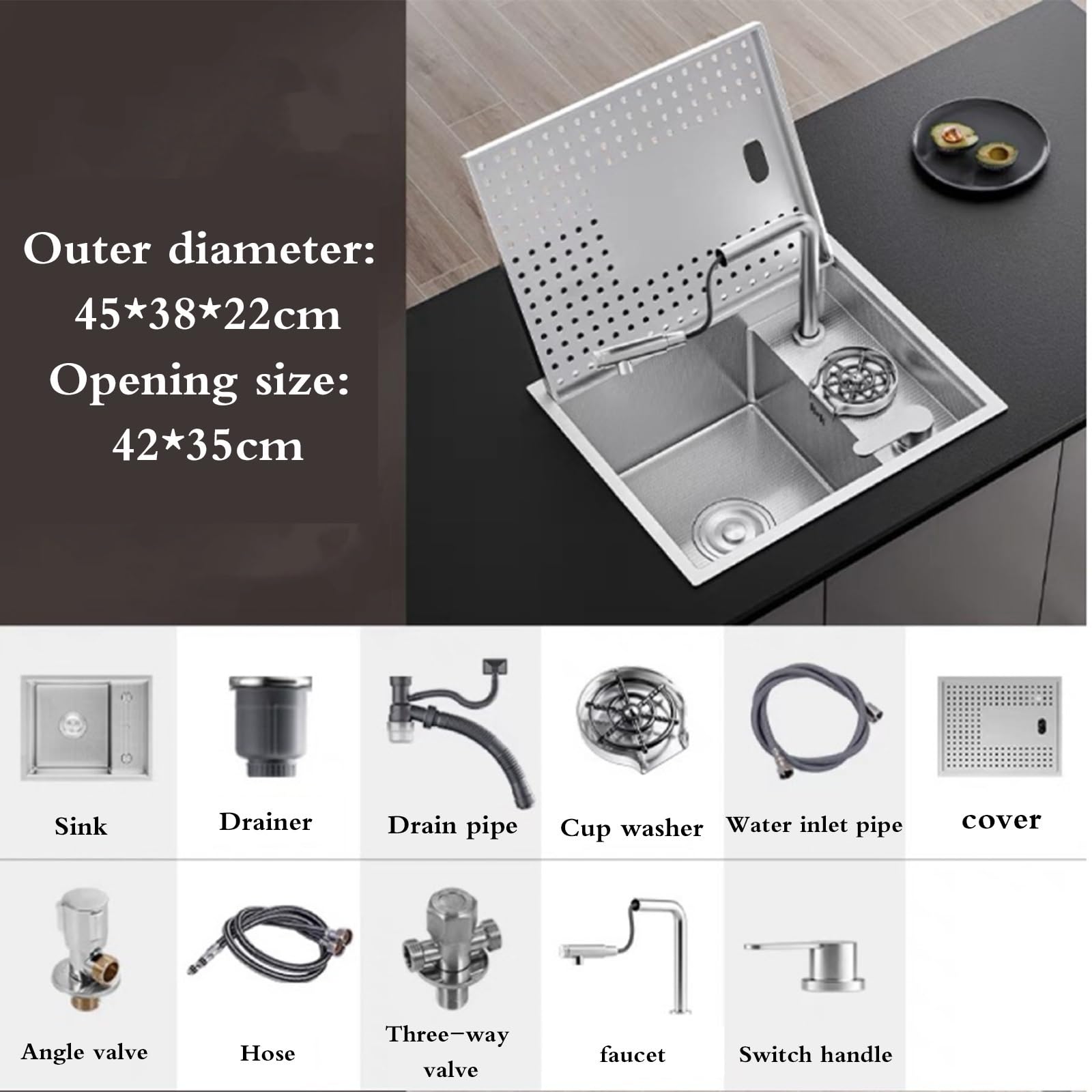 Lavello Compatto a Scomparsa in Acciaio Inox per Camper, Bar, Cucina, Esterno, lavabo per Verdure con Coperchio e Rubinetto a Sollevamento, Perfetto per Balcone e monolocale (45 x