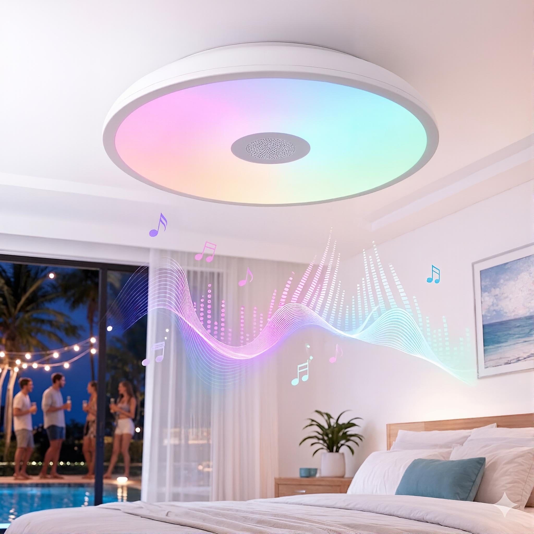 Badezimmer Deckenleuchte mit Bluetooth Lautsprecher, 24W, 28cm | RGB, Wasserdicht, Dimmbar per Fernbedienung, E27/Einbau, für den Innen- und Außenbereich Sowie für den Balkon Geeignet
