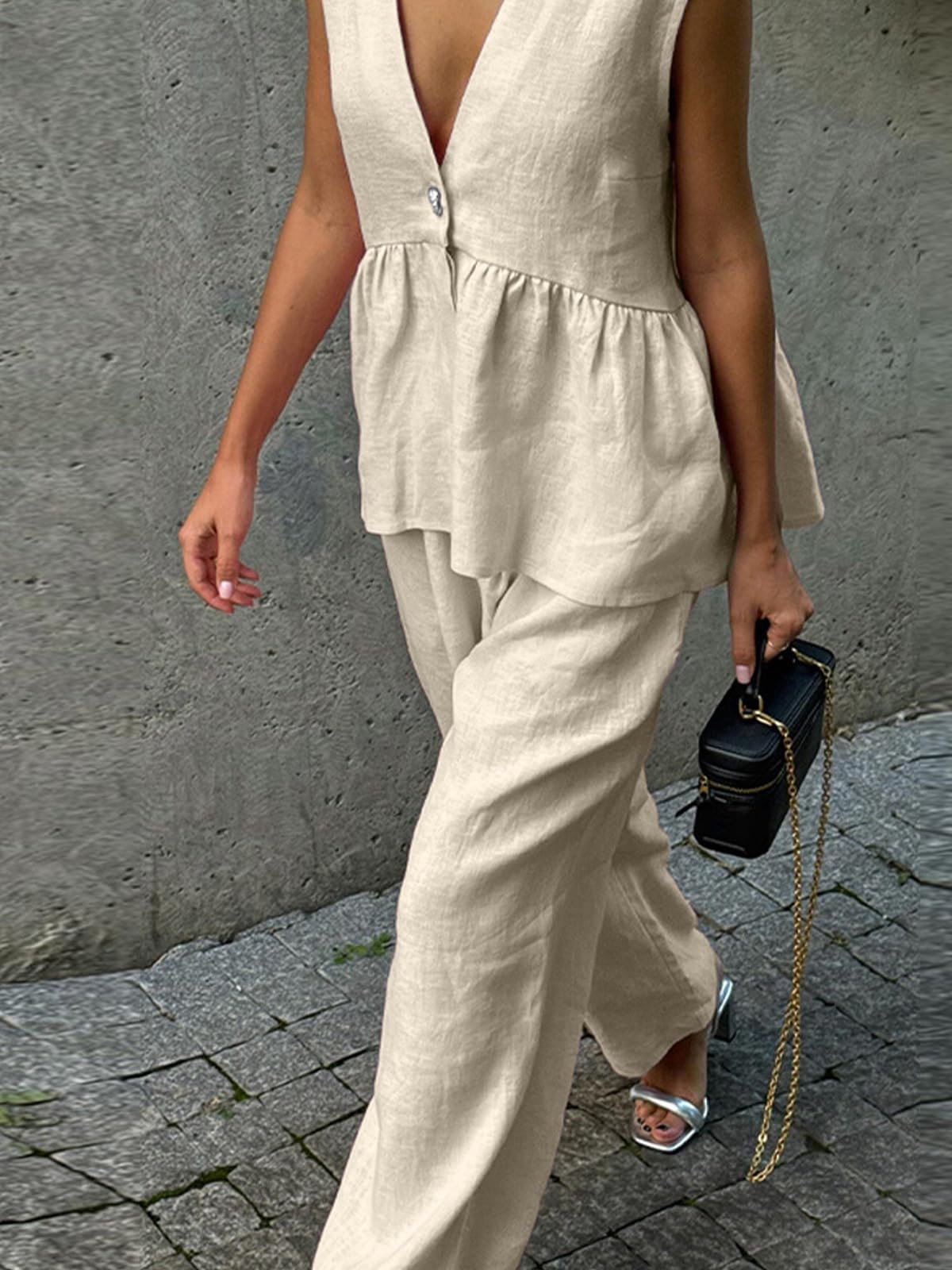 Volemo Zweiteiliges ärmelloses Set mit V-Ausschnitt für Damen, breite Bein-Weste, Elegante Sommer-Anzüge für den Urlaub