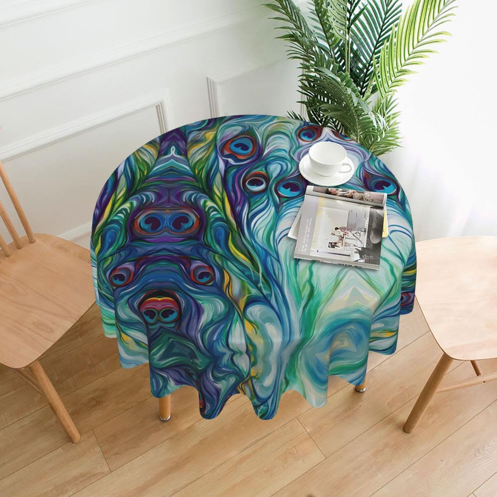 Whjssf Black Peacock Feathers Prints Round Decorative Tablecloth 60In - High-Grade Polyester Table Throw For Dining & Outdoor Parties