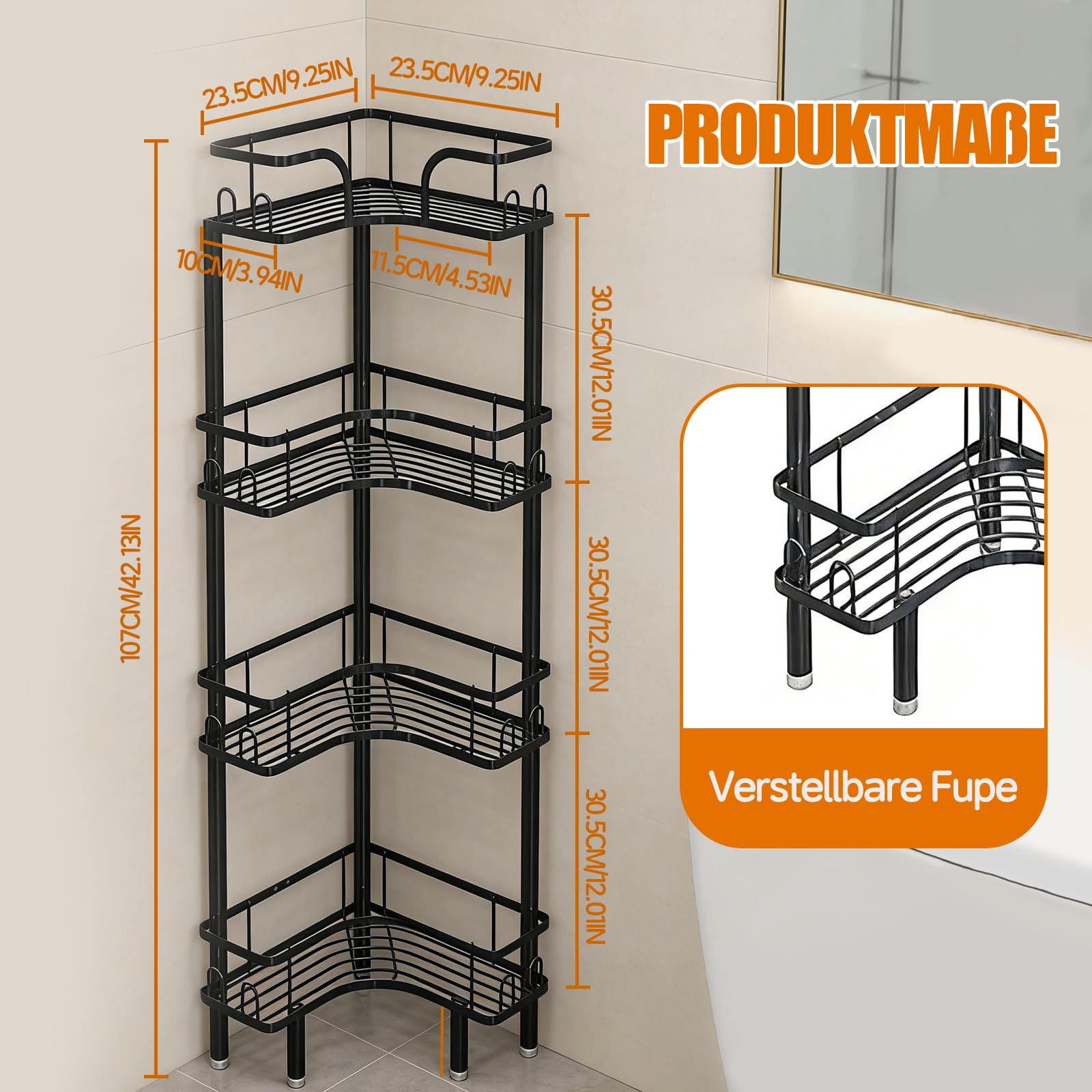 Teleskop Duschregal, 4-Tier Teleskopregal Bad Eckregal mit 16 Haken, Duschablage Ohne Bohren Höhe 107 cm, Schwarz Eckregal mit Verstellbare Fußpolster für Badezimmer