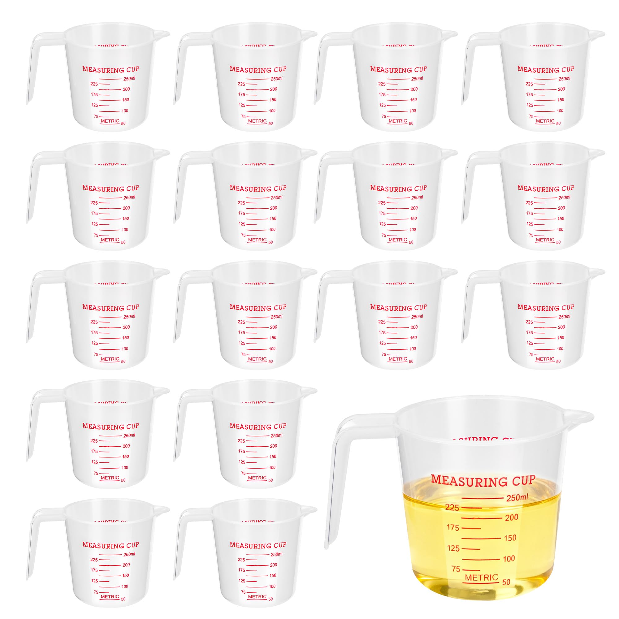 YKUKIZEE 16 PCS Plastic Measuring Jug with Handle 250ML, Stackable Kitchen Measuring Jug with Scale, Clear Liquid Graduated Beaker for Cooking Baking Mixing Cup Laboratory