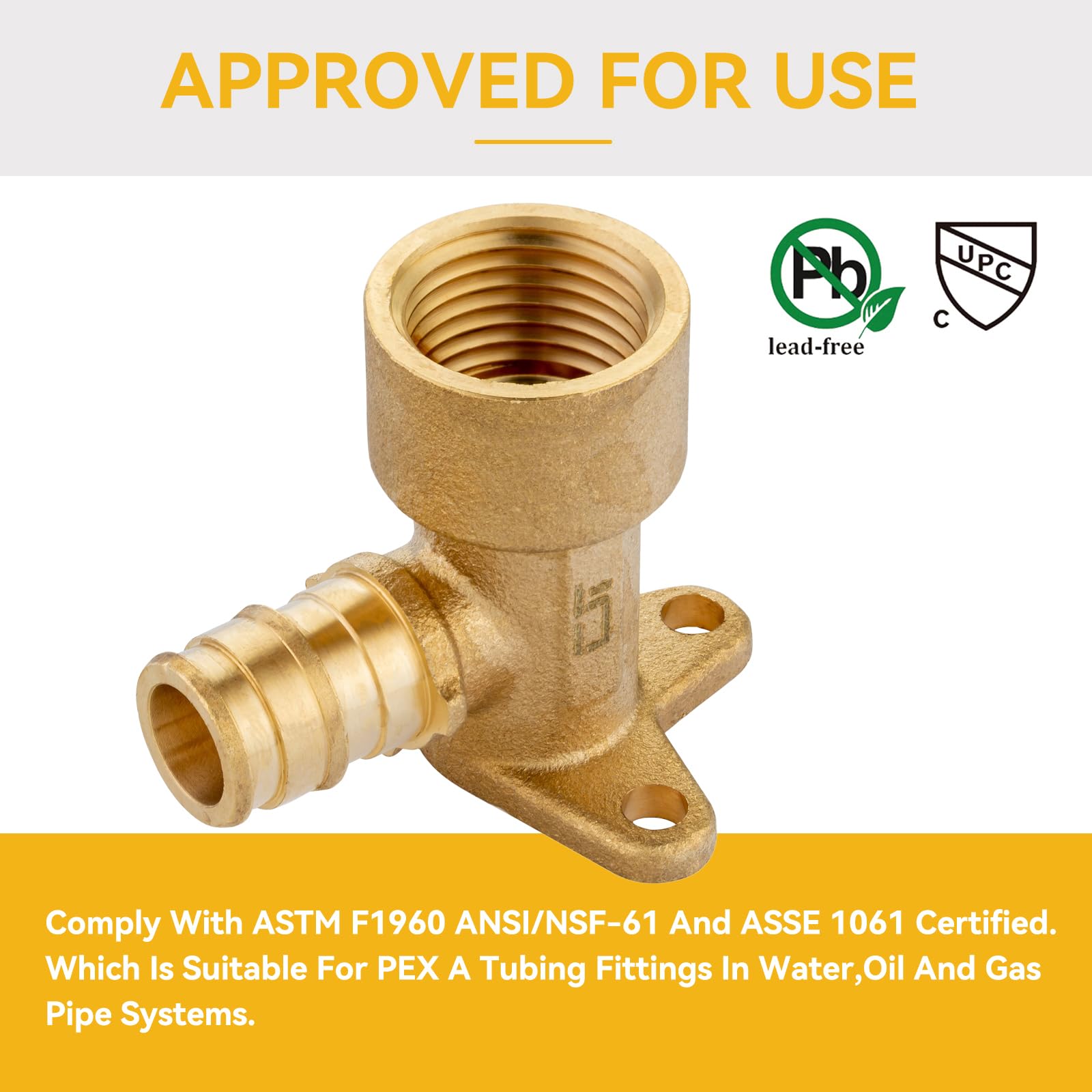 Paquete de 4 Accesorios PEX-A, Codo de expansión Hembra NPT de 1/2" x 1/2" con Oreja abatible, Codo de latón PEX ASTM F1960 con Oreja abatible para conexión de tubería PEX-A