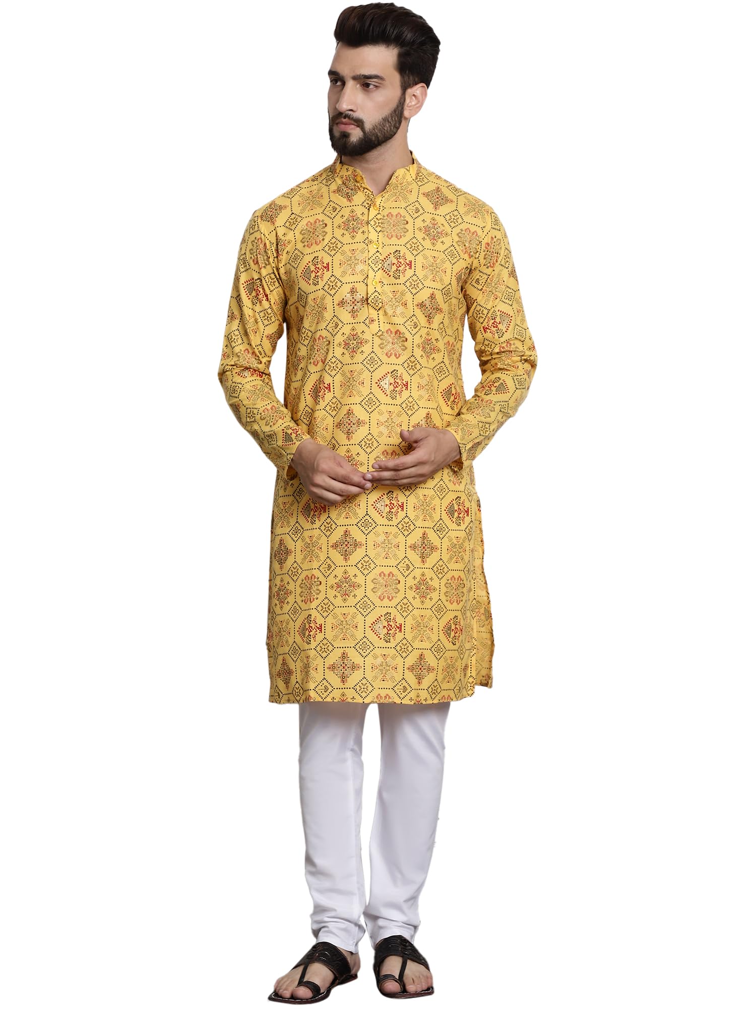 Sojanya (Since 1958 Men's Cotton Blend Yellow Kurta And White Churidar Pyjama Set
