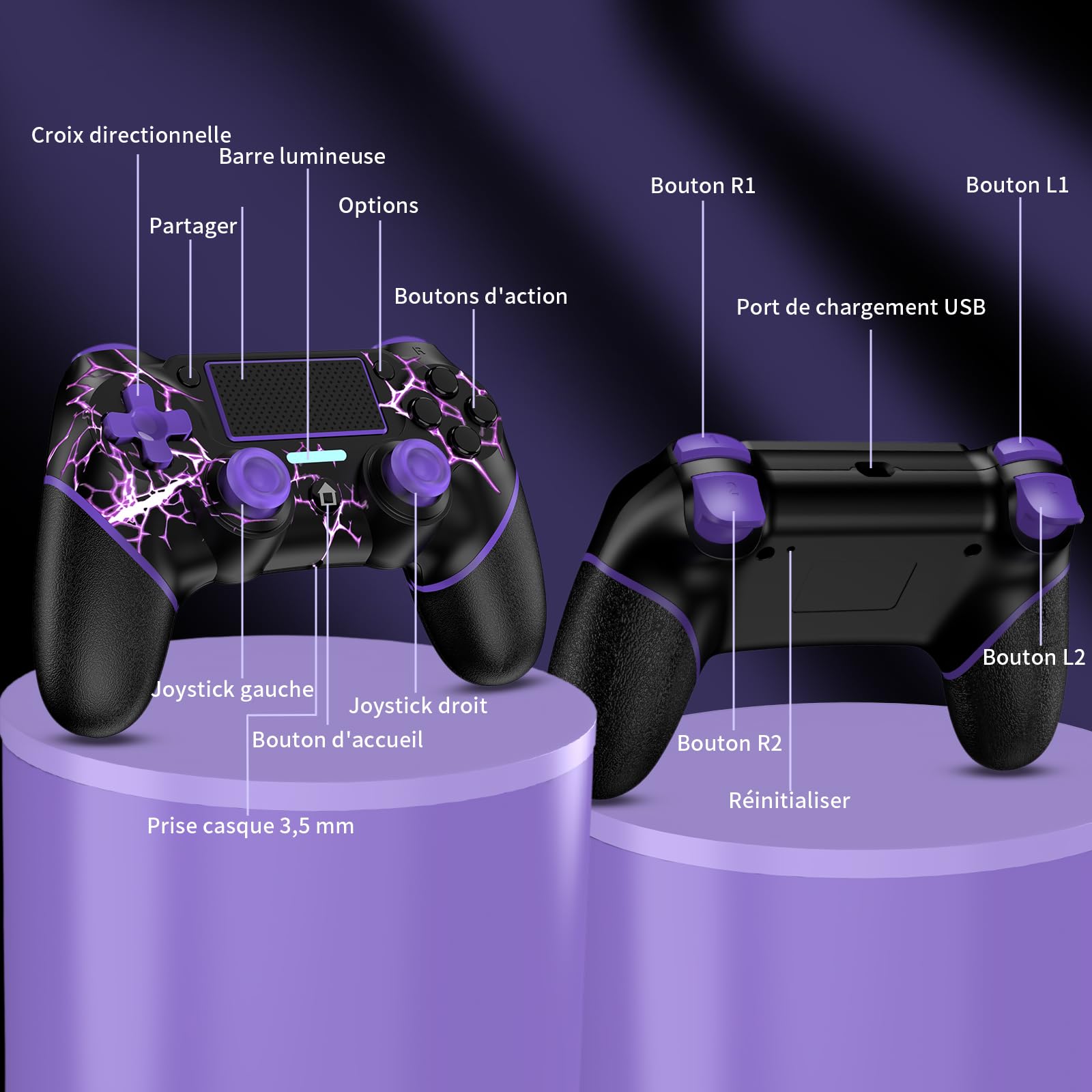 Reddening pour Manette PS4, Manette Pc pour PS4/Pro/Slim/PC, Joystick avec Bouton Turbo/Retour, Double Vibration, Gyroscope 6 axes et écran tactile, Purple