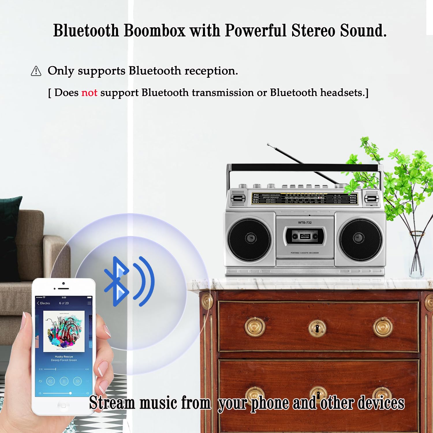 Boombox Rétro Années 80 Bluetooth Lecteur Cassette Radio AM/FM/OC 24W Portable USB Micro SD