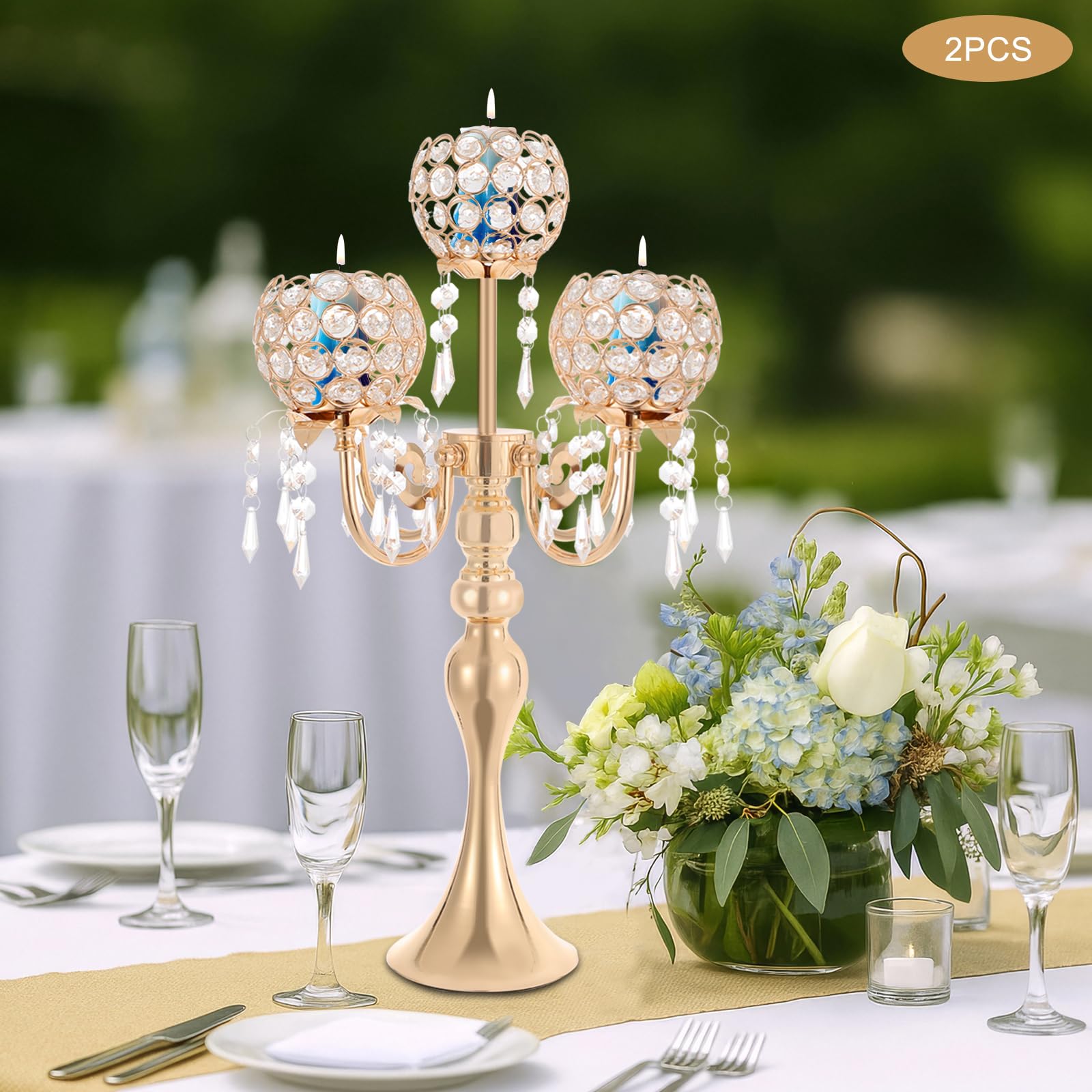Kristall Kerzenhalter 2er Set 57cm, 5-Armiger Kandelaber Tischdeko, Gold | Moderner Tischkerzenständer für Hochzeiten Abendessen Geburtstage, 13cm Basis Stabil
