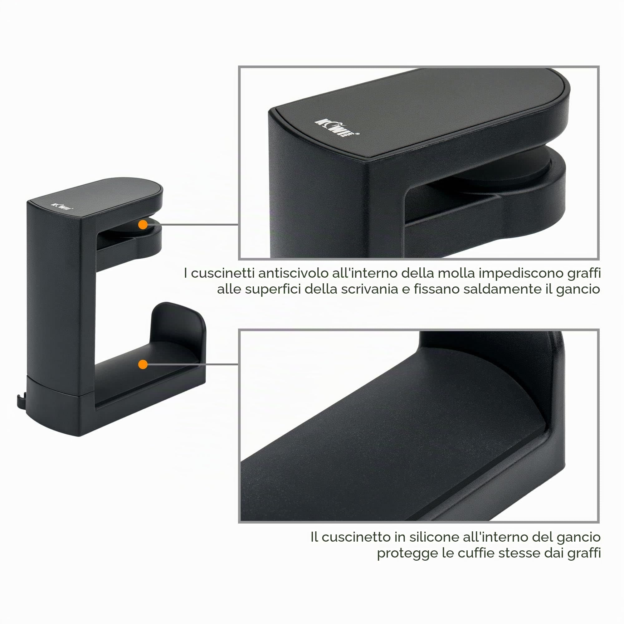 KIWIFOTOS Supporto per cuffie con gancio girevole a 360° + clip per cavo, supporto per cuffie da gioco sotto la scrivania per Sony, Beats, Sennheiser, HyperX