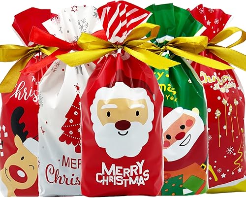 AouEtnay 50 bolsas de dulces de Navidad, bolsas con cordón para suministros de fiesta de Navidad