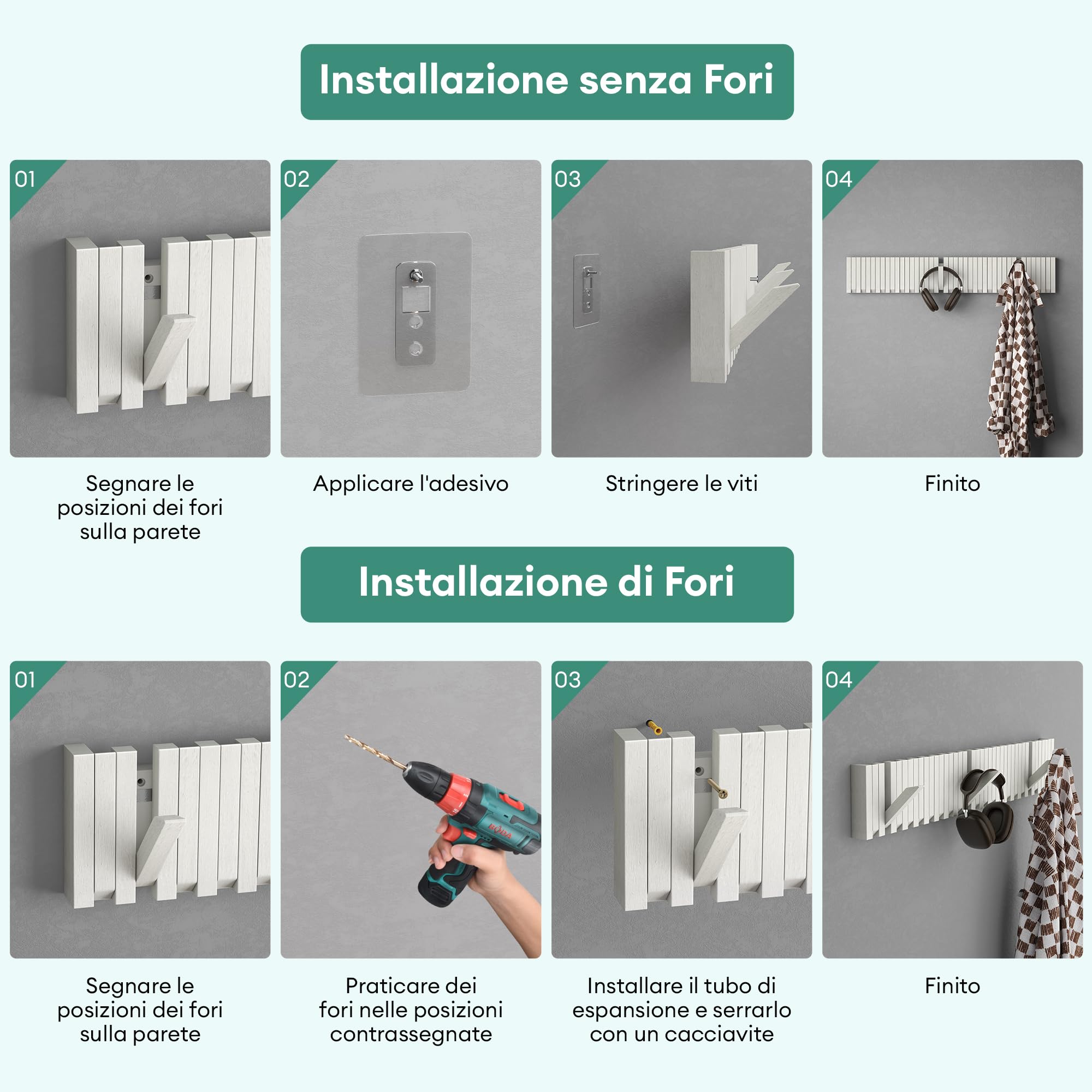 Mai & Mai Appendiabiti da Parete in Legno 90cm, Bianco Opaco | Attaccapanni da Muro Moderno per Camera da Letto, Ingresso, Studio con Gancio Pieghevole e Salvaspazio, Twigro-01