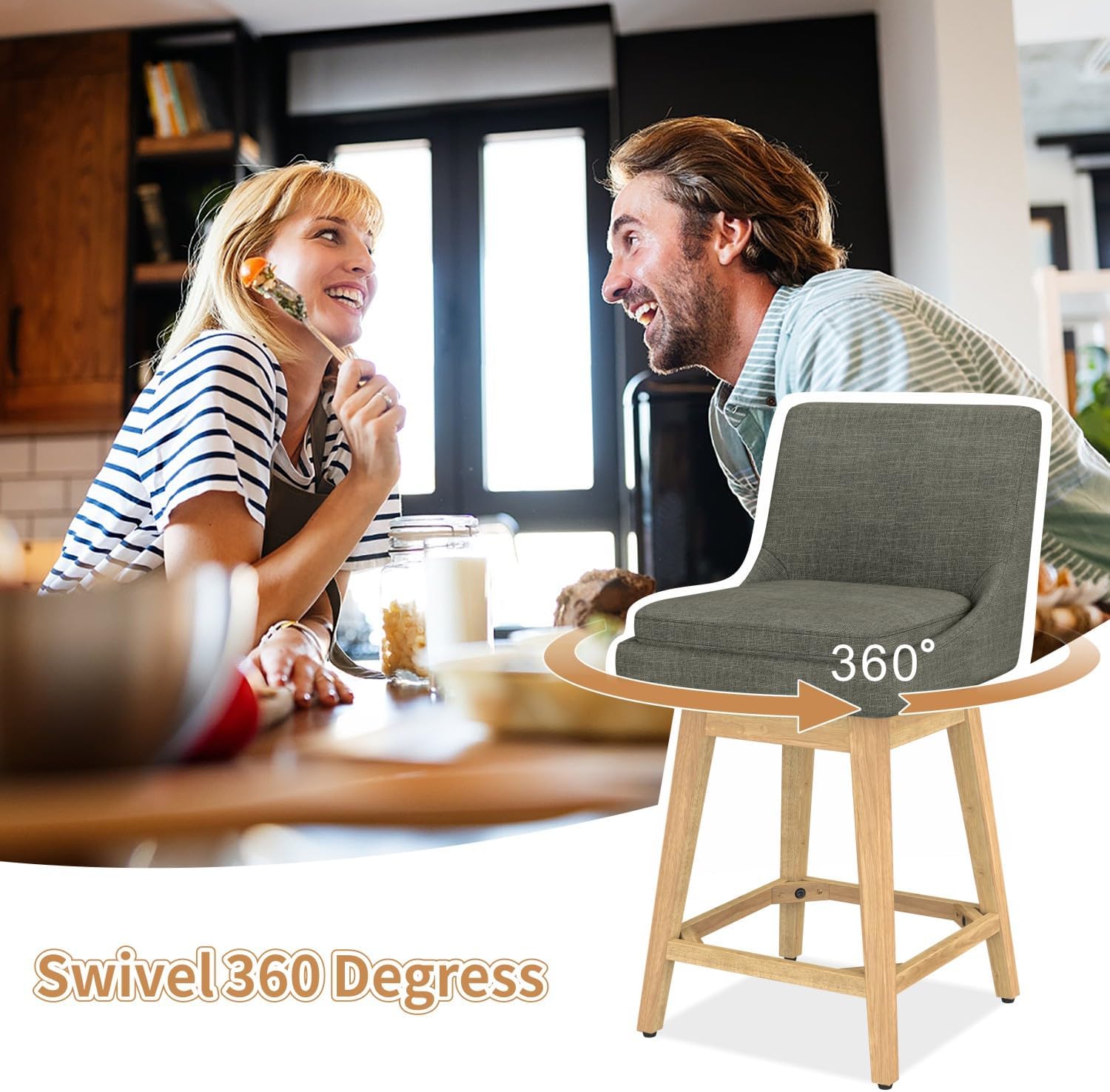 MUUEGM 360° Swivel Counter Height Bar Stool with Back, Modern BarStools Set of 2, Counter Stool Chair with Solid Wood Legs，26.8 Inch Fabric Barstools, Dark Grey