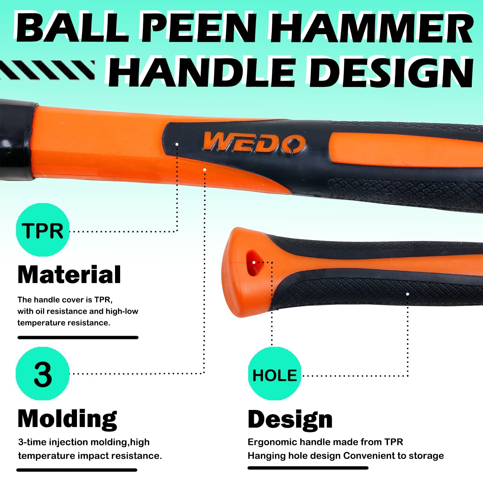 WEDO Martello a sfera 1350 g, con manico in fibra di vetro, manico antiscivolo, acciaio al carbonio, lunghezza 340 mm