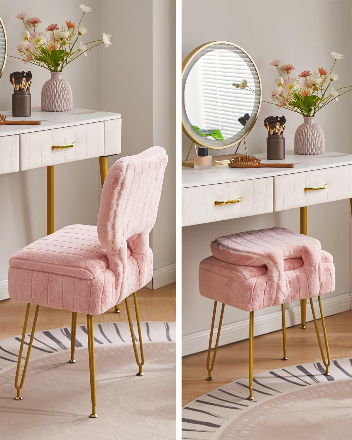 IBUYKE sedia da vanità rettangolare con stoccaggio, piccola sedia da trucco pieghevole, 42 * 31 * 72 cm, sgabello ottomano in velluto carino per il soggiorno, con piedi antiscivolo, rosa WBD030P