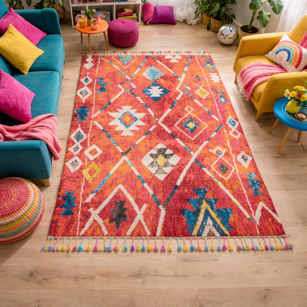 UN AMOUR DE TAPIS - tapis salon berber tribal mk 02 bleu, écru, jaune, gris, orange, noir, gris, beige, rose, vert, blanc - 160 x 230 cm - tapis berbère inspi 4572