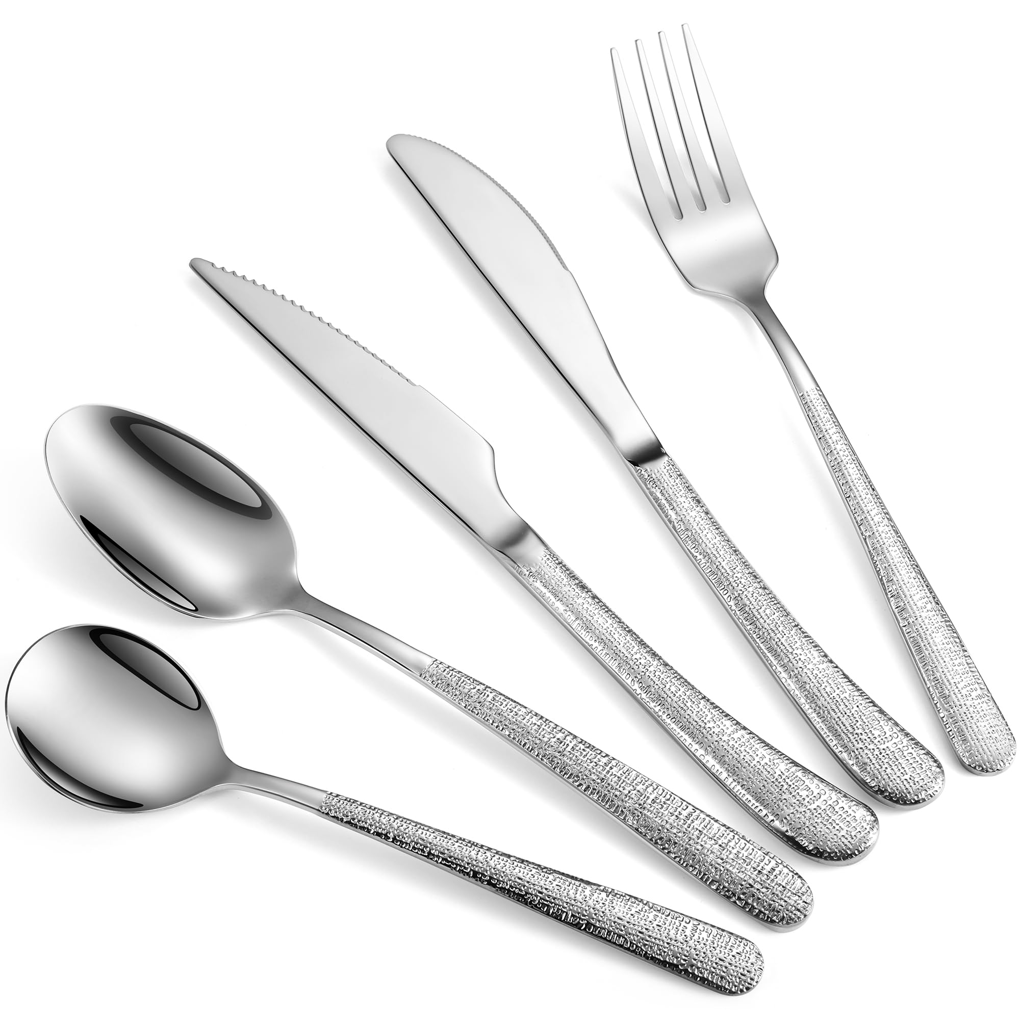 INKULEER Silver Flatware Set, 18/10 Stainless Steel 20 Piece/Household Stainless Steel Set/Upgraded Knife, Spoon, Fork Mirror Polished, Dishwasher Safe (20 Pieces - Hammered)