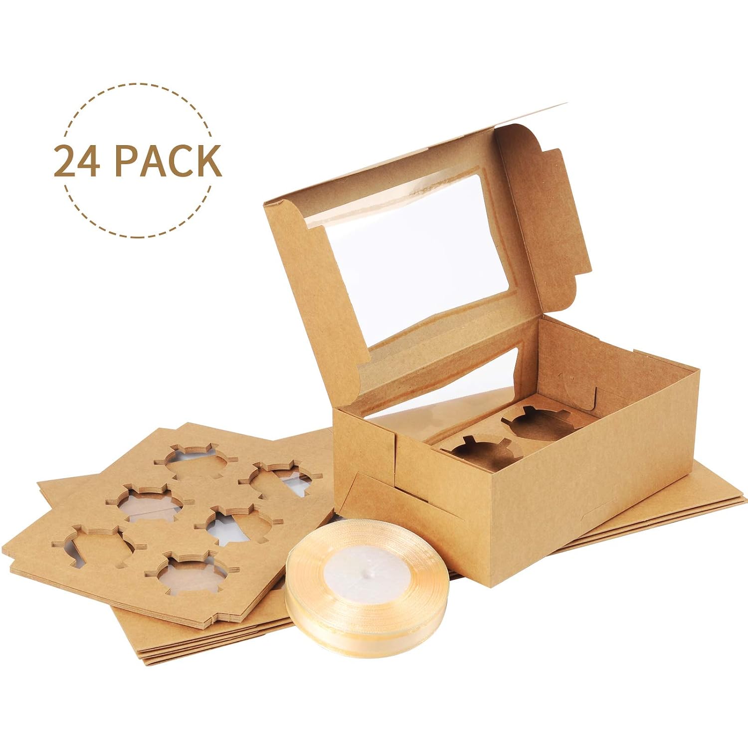 24 PCS 6ct Cupcake Boxes with Inserts Disposable Cupcake Carriers Bakery Boxes with Window(Brown)