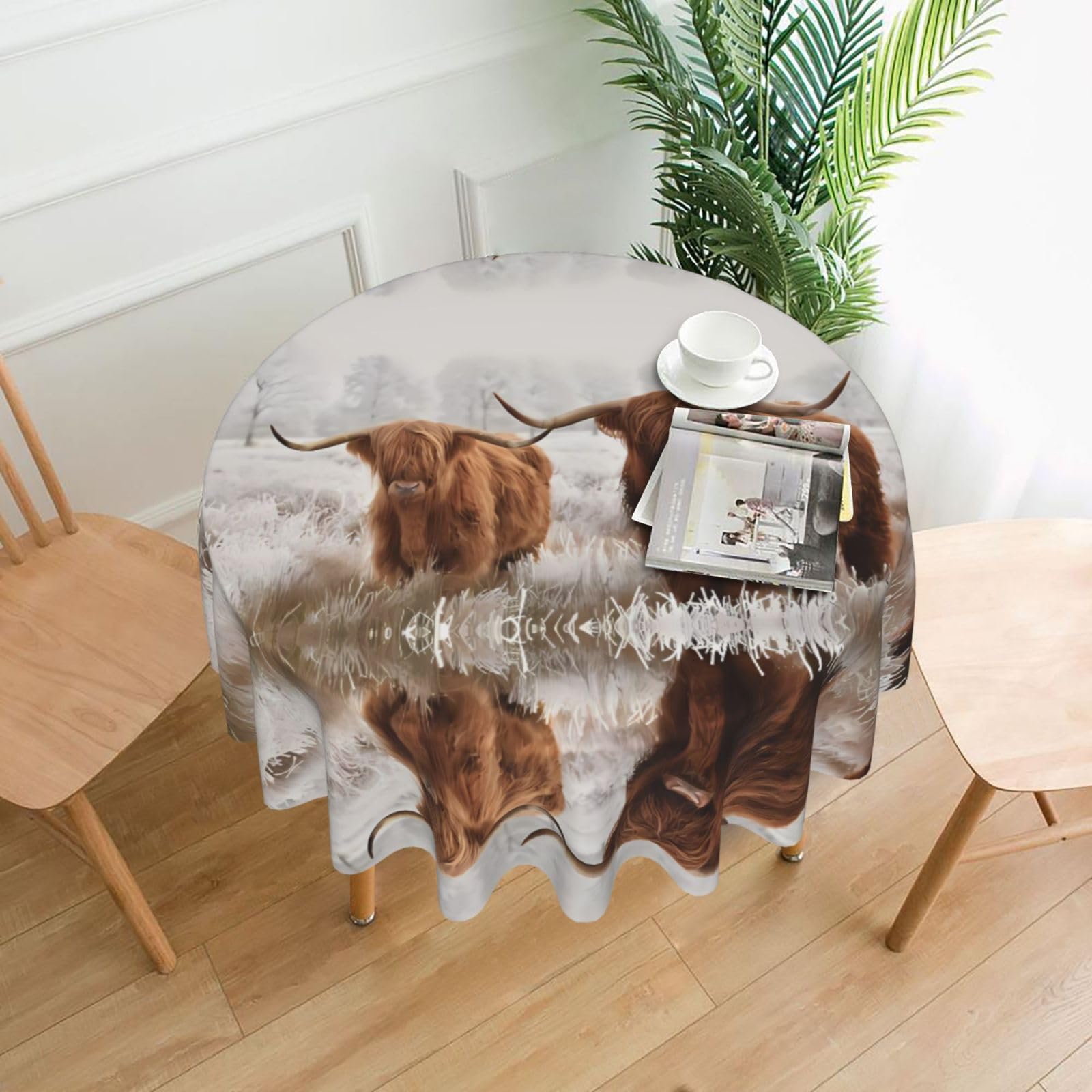 YYHWHJDE Scottish Highland Cow Prints Round Decorative Tablecloth 60in – Elevate Your Dining Space with this Elegant Throw for Everyday Charm & Special Occasions