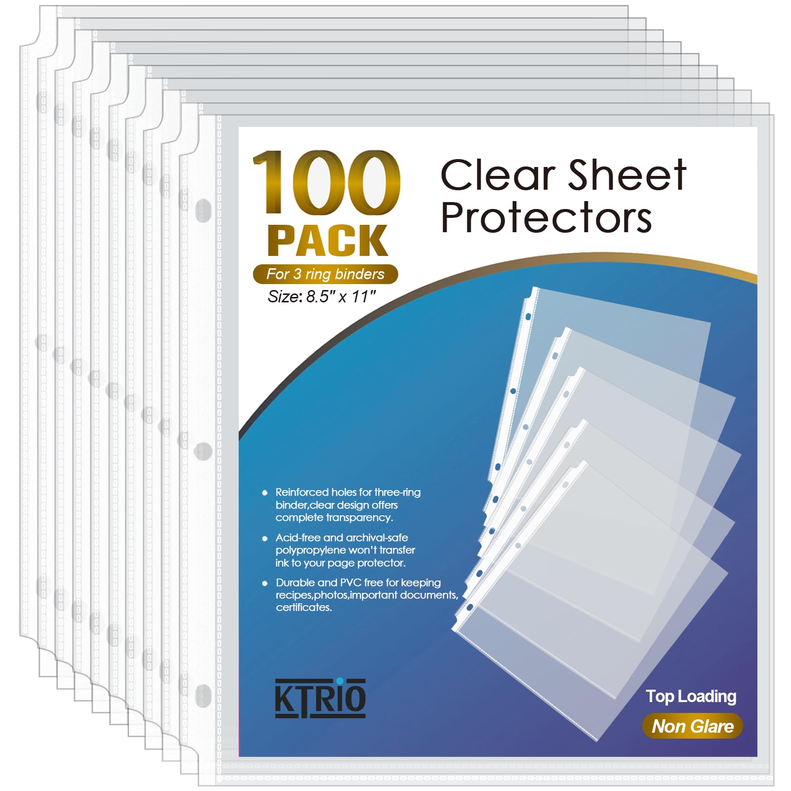 KTRIOSheet Protector 8.5 x 11 inch Non-Glare Clear Page Protectors, Plastic Sleeves for Binders, Paper Protector for 3 Ring Binder Letter Size Top Loading, 100 Pack