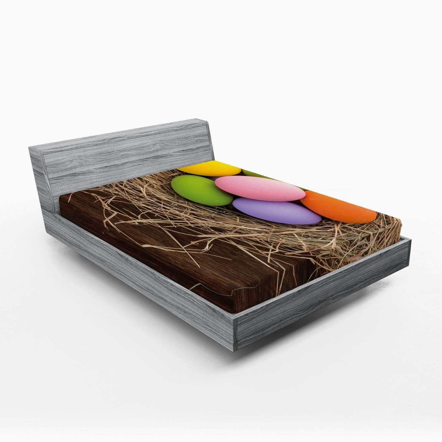 Ambesonne Colorful Fitted Sheet, Pattern of a Top View Shot Image of Easter Eggs in a Nest on a Wooden Background, Bed Cover with All-Round Elastic Deep Pocket for Comfort, Queen Size, Multicolor
