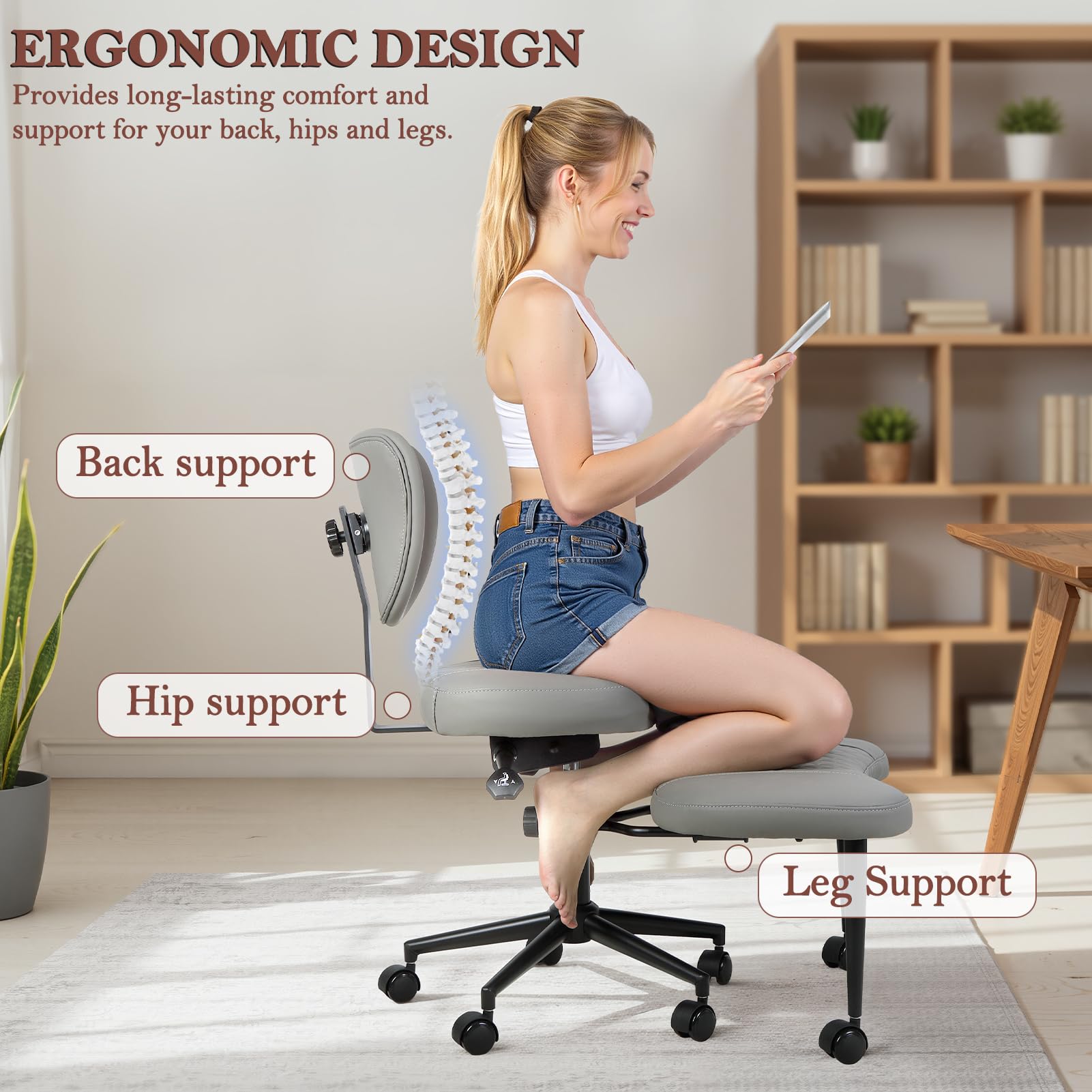 Silla de oficina ergonómica con patas cruzadas, silla de escritorio giratoria de 360° con reposapiés, silla de meditación de altura ajustable, asiento de piel sintética, silla multiposición