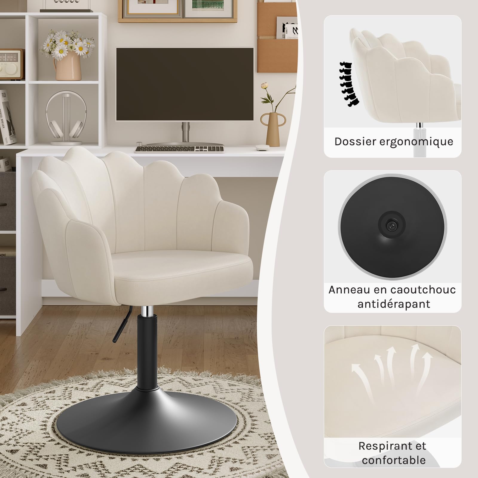 WOLTU Chaise de Coiffeuse, Fauteuil Pivotant en Velours, Fautauil de Maquillage Réglable en Hauteur, Dossier Pétale, pour Salon, Salle à Manger, Chambre à Coucher, Crème