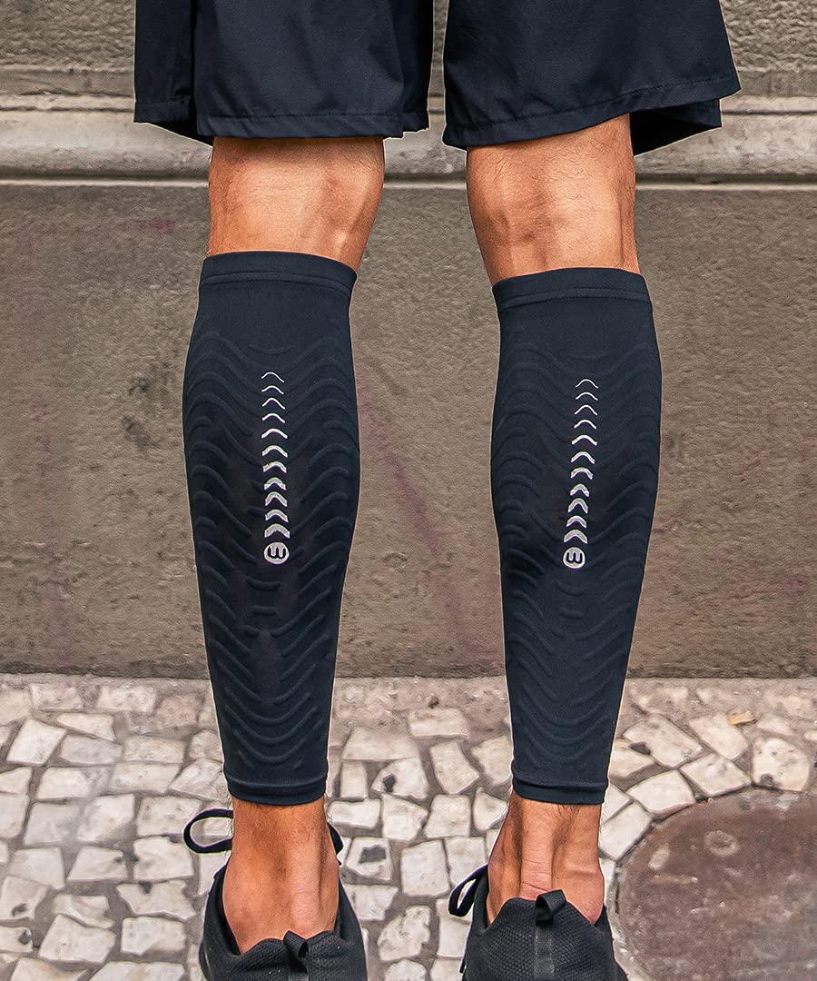 wavewear Calf Compression Sleeve with Built-in Kinesiology Tape - Support for Leg Swelling and Cramping during Workouts and Sports - for Men and Women (L, Black/Silver, 2)