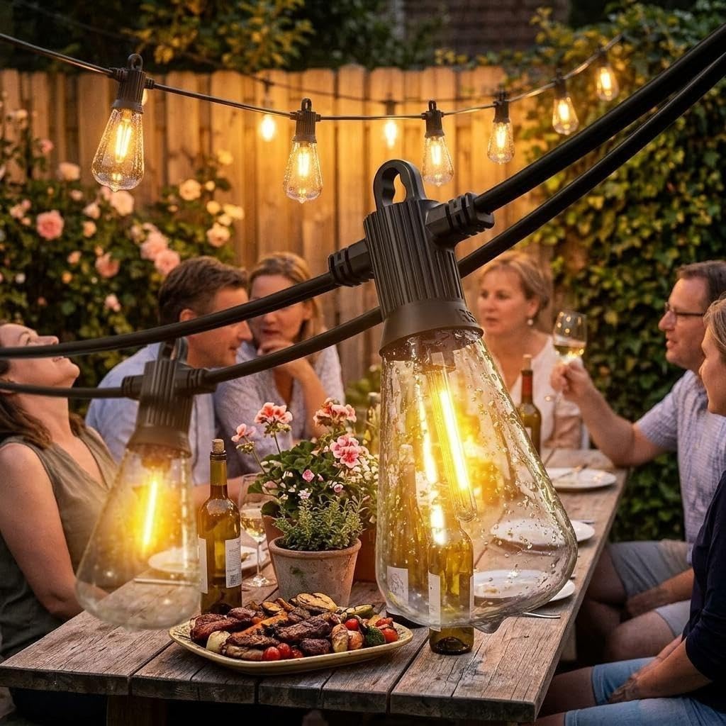 Kawaya 100ft / 30.5m Outdoor String Lights Mains Powered Dimmable LED Festoon Lights for Garden 50+2 Edison Bulbs Waterproof Hanging String Light Warm White Gazebo Backyard Balcony Wedding