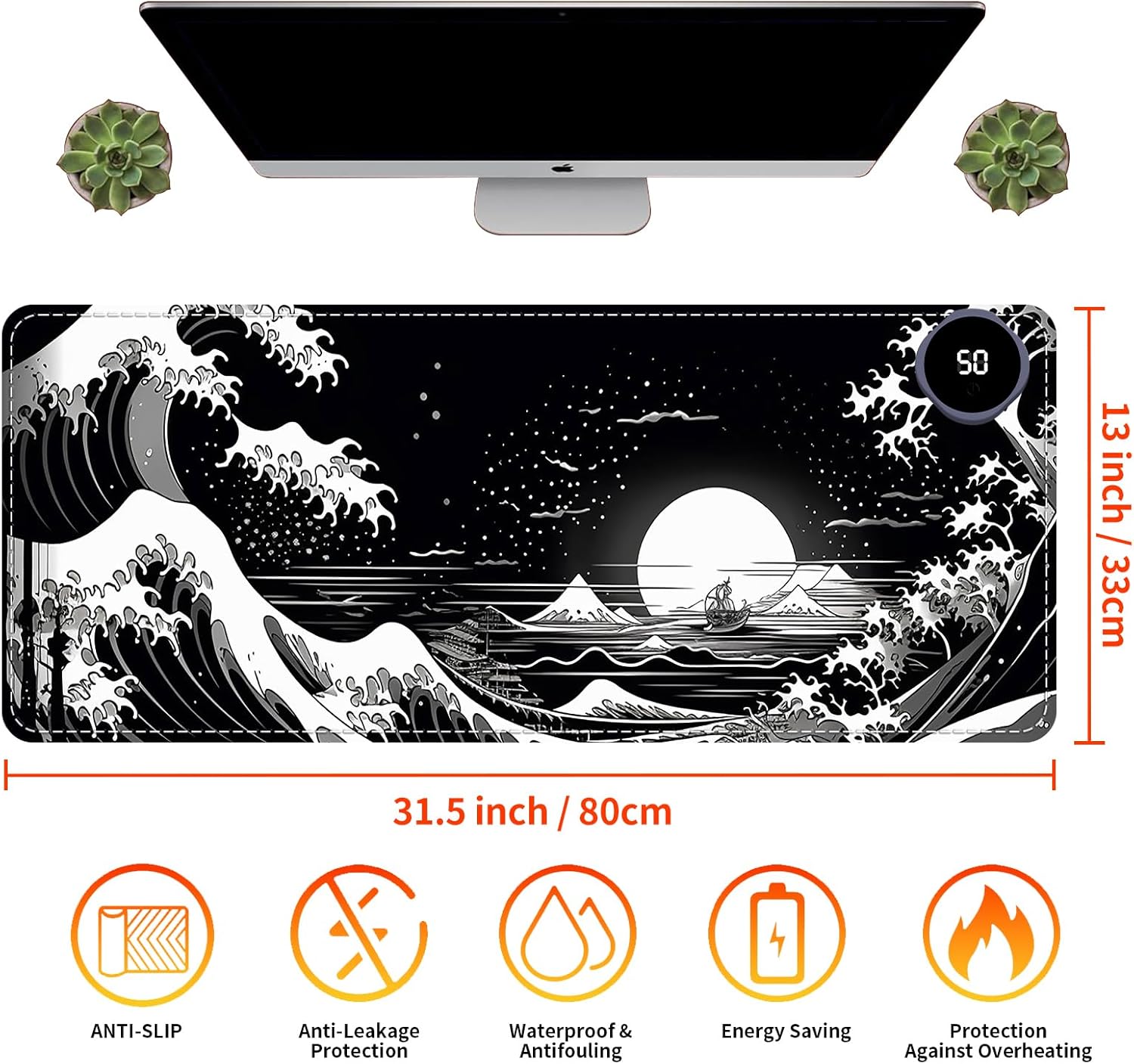 Large Heated Desk Pad - 31.5x13 Inch Fast Warming Mouse Pad, 3 Heat Levels, Auto Shut-Off, Waterproof PU Leather Office Desk Mat for Home Office, Gaming & Winter Use，Great Wave