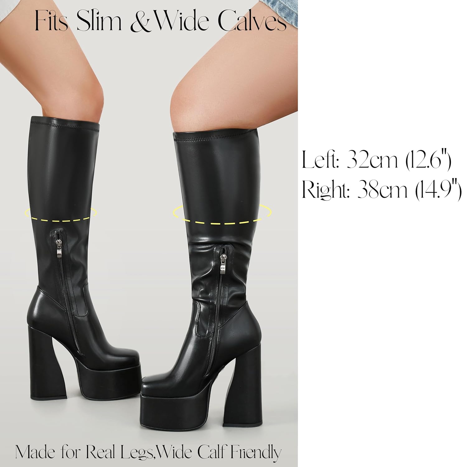 LanreyTaley Elastic Knee High Platform Boots for Women Chunky Block High Heel Go-Go Boot Square Side Zipper Stretch Boot - Image 4