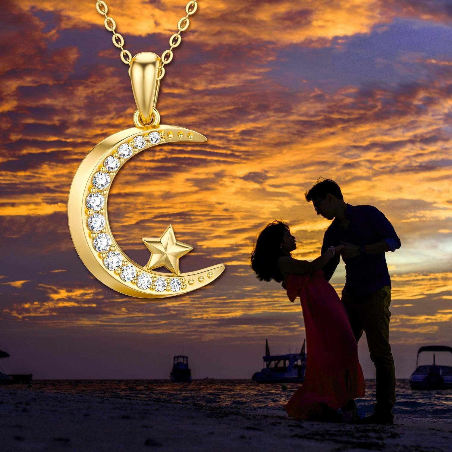 14k Gold Diamond Moon Pendant Necklace for Women, Real Gold Moon and Star Jewelry Anniversary Present for Wife, Gifts for Her, (0.18 ct) 16-18 Inch - Image 6