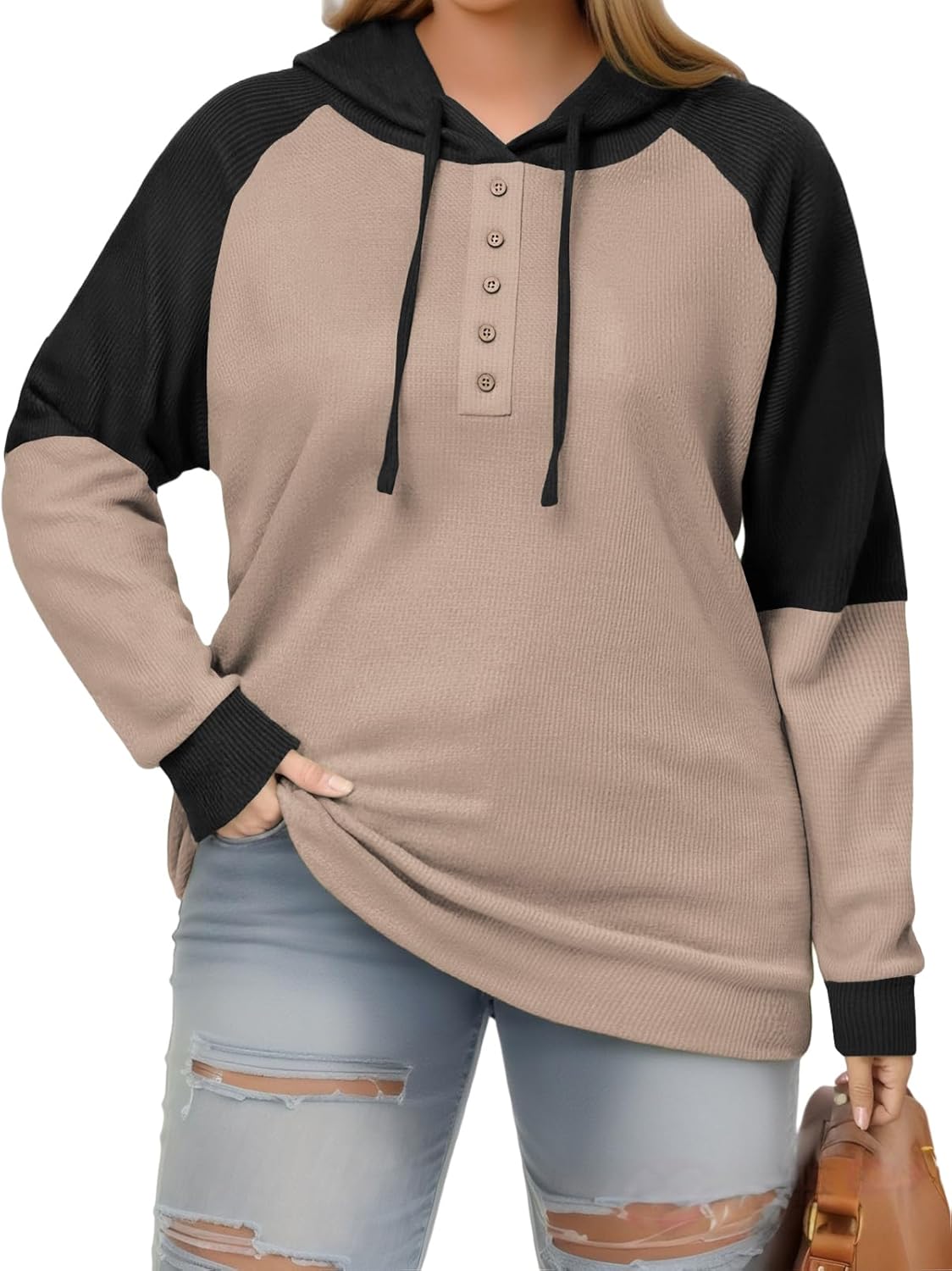 VISLILY Plus-Size-Hoodies for Women Trendy Color Block Tops Raglan Long Sleeve Drawstring Button Hooded Waffle Sweatshirts - Image 2