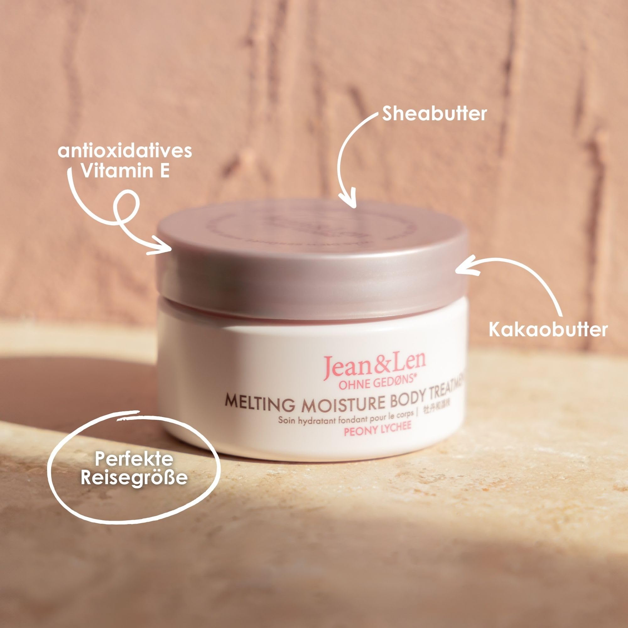 Jean & Len Melting Moisture Body Butter Peony & Lychee, dla pachnącego efektu pielęgnacji, do skóry normalnej, wysokiej jakości tygiel, pielęgnujące masło do ciała, 50 ml