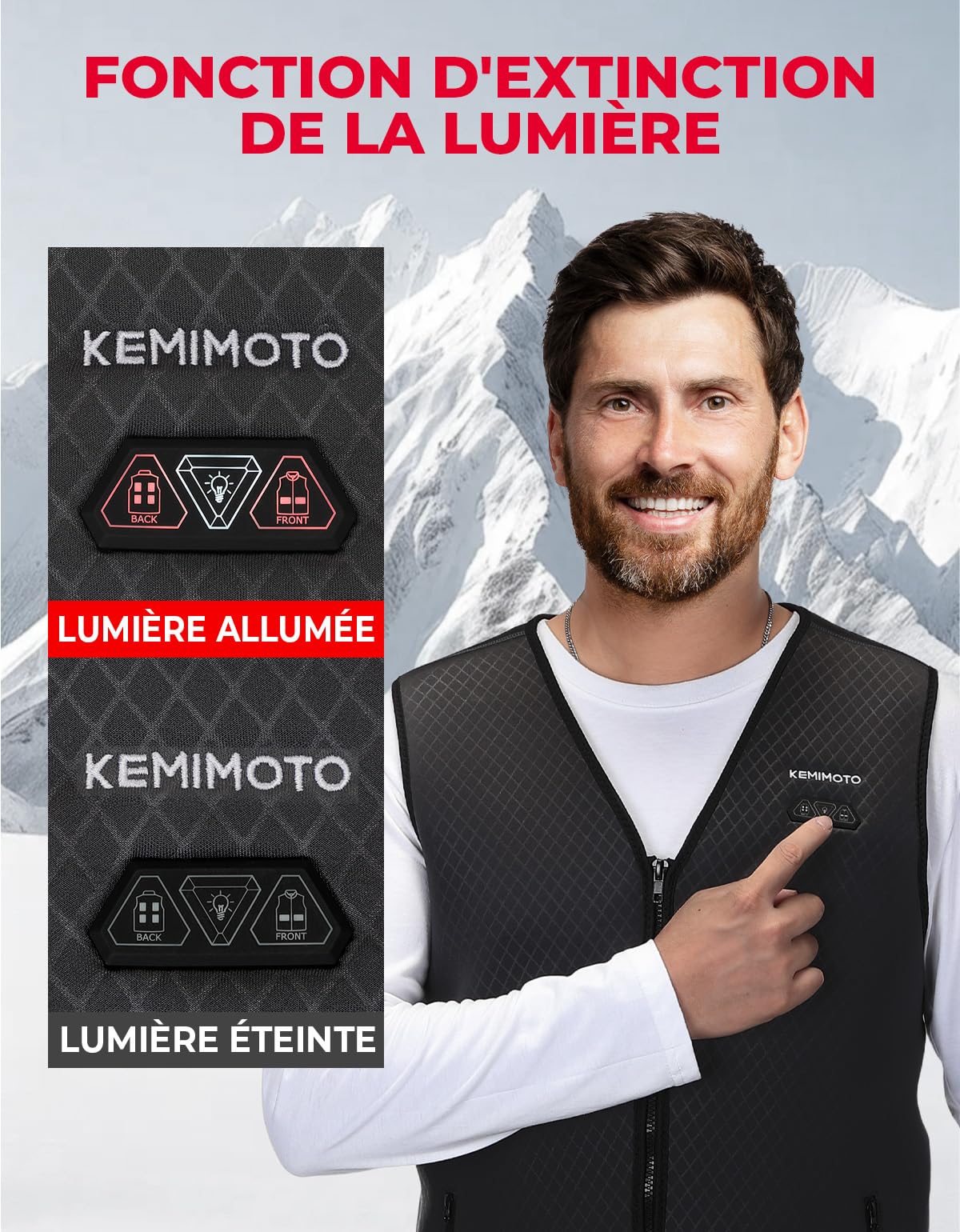 KEMIMOTO Gilet Chauffant Homme, 6 Zones de Chaleur et 3 Niveaux de Chauffage, Tissu de Plongée et Doublure en Velours Cristal pour Ski Pêche et Moto(Sans Batterie)