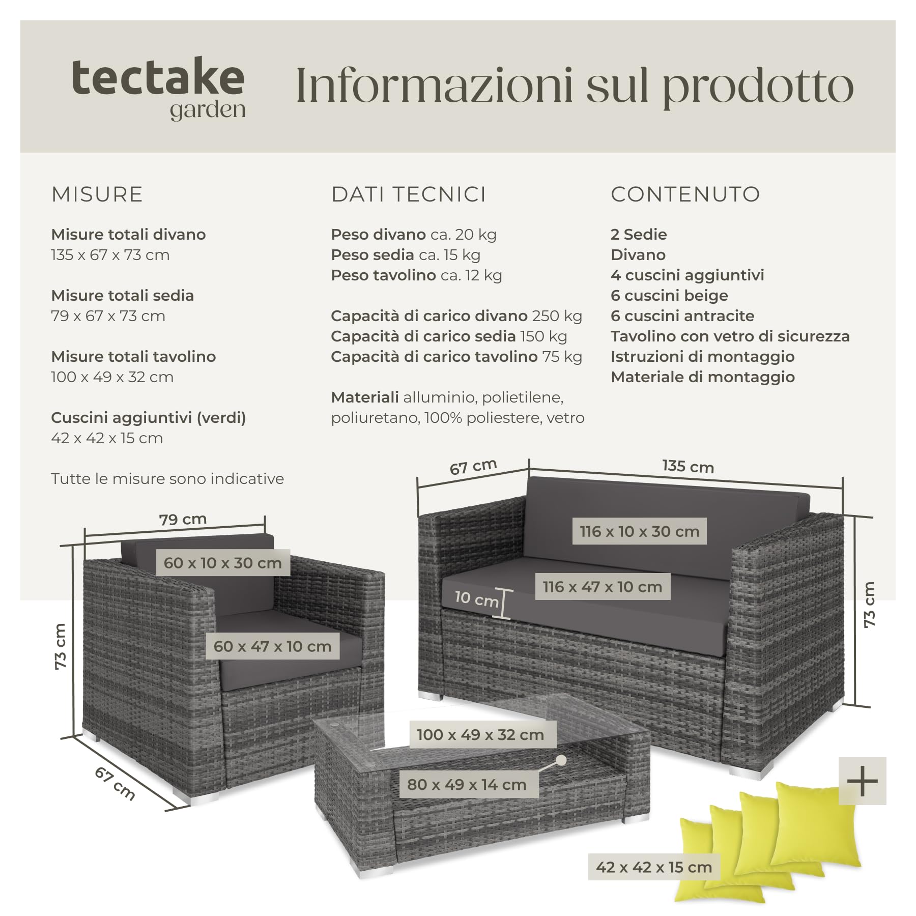 tectake® Set di Mobili da Esterno in Rattan e Alluminio, 1 Divano, 2 Poltrone, 1 Tavolino Salotto con Lastra in Vetro, Set di Rivestimenti per Cuscini, 4 Cuscini Extra Inclusi - Grigio
