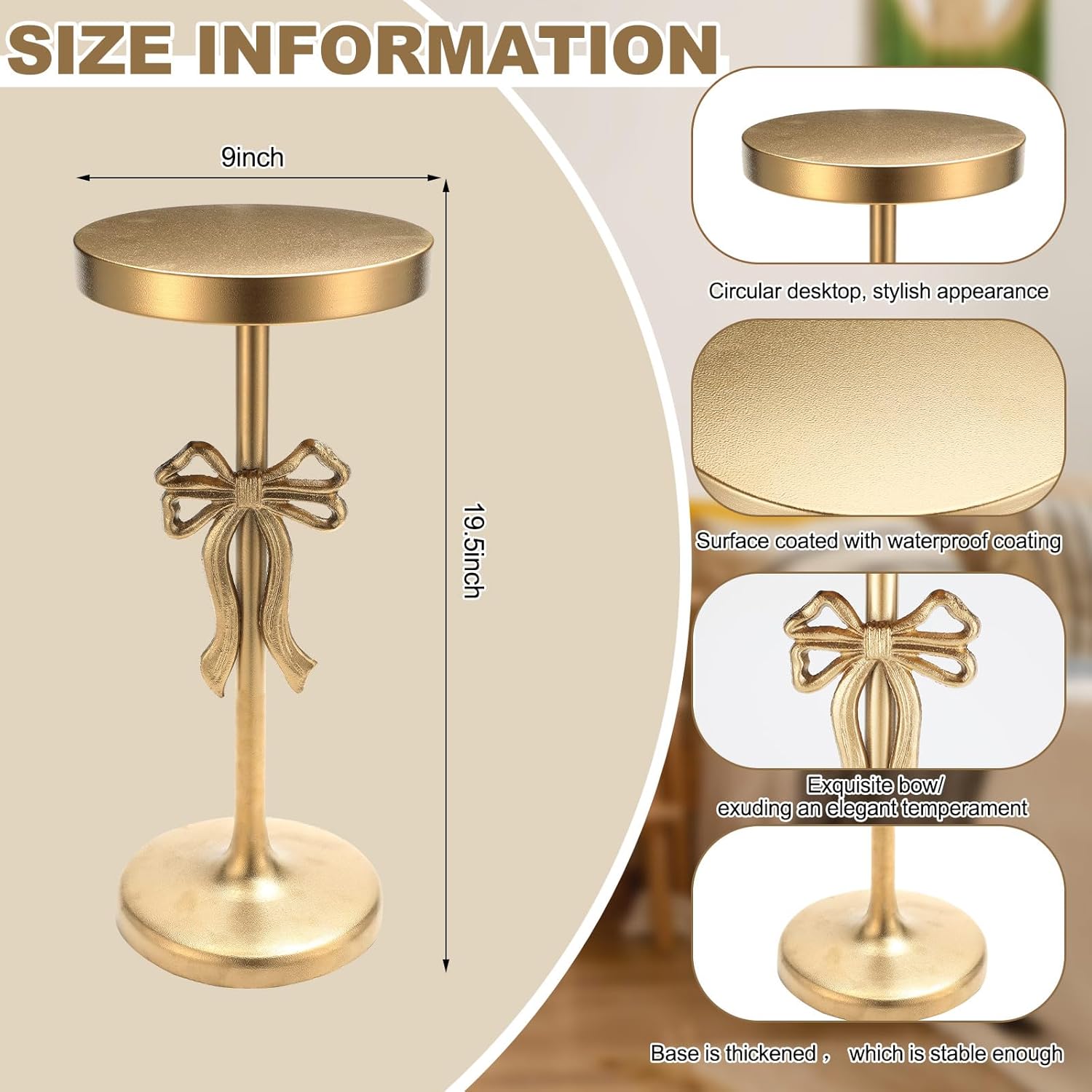 Gold Metal Martini Drink Table 9''x19.5'' Bow Pedestal Side Table Round Martini End Desk Small Cocktail Drink Stand for Small Spaces Nightstand Bedroom Couch Chair Vintage Decor