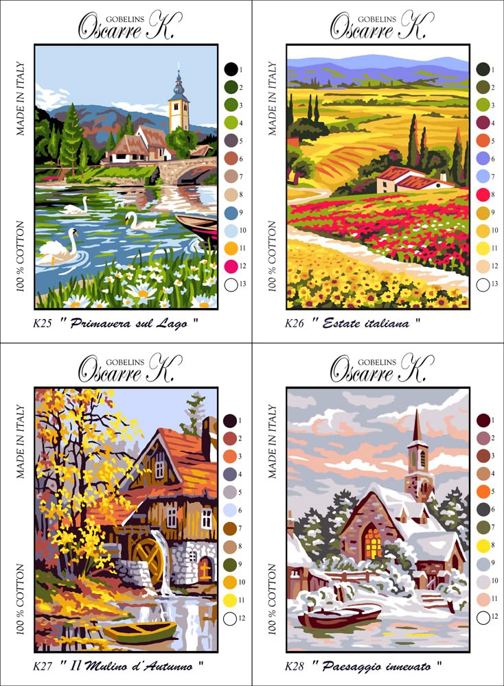 Oscarre K. gobelins - 4 Kit Ricamo Mezzo Punto Croce Completi - Le 4 Stagioni - Canovaccio Stampato 30 x 22 cm (Ricamo Finito 23 x 16 cm)